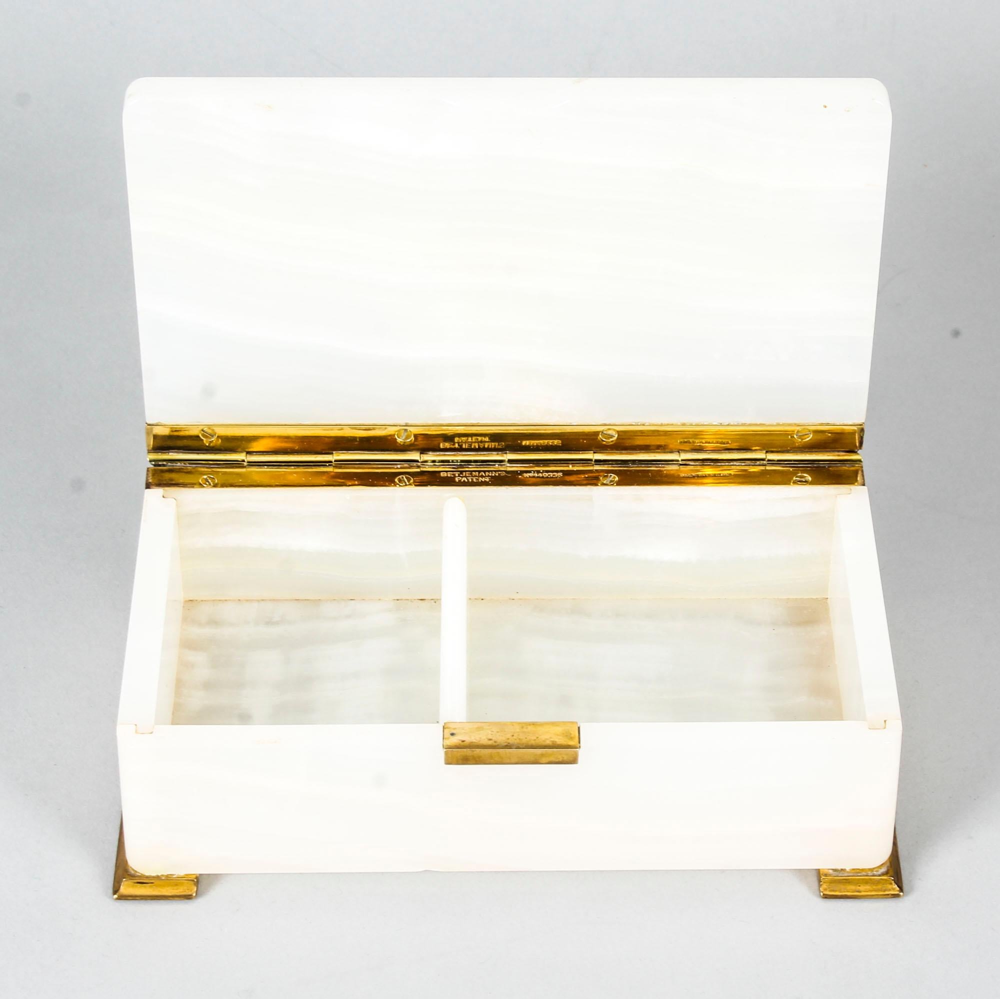Early 20th Century Antique Art Deco Alabaster and Brass Card Box Jewelry Casket by Betjemann, 1920