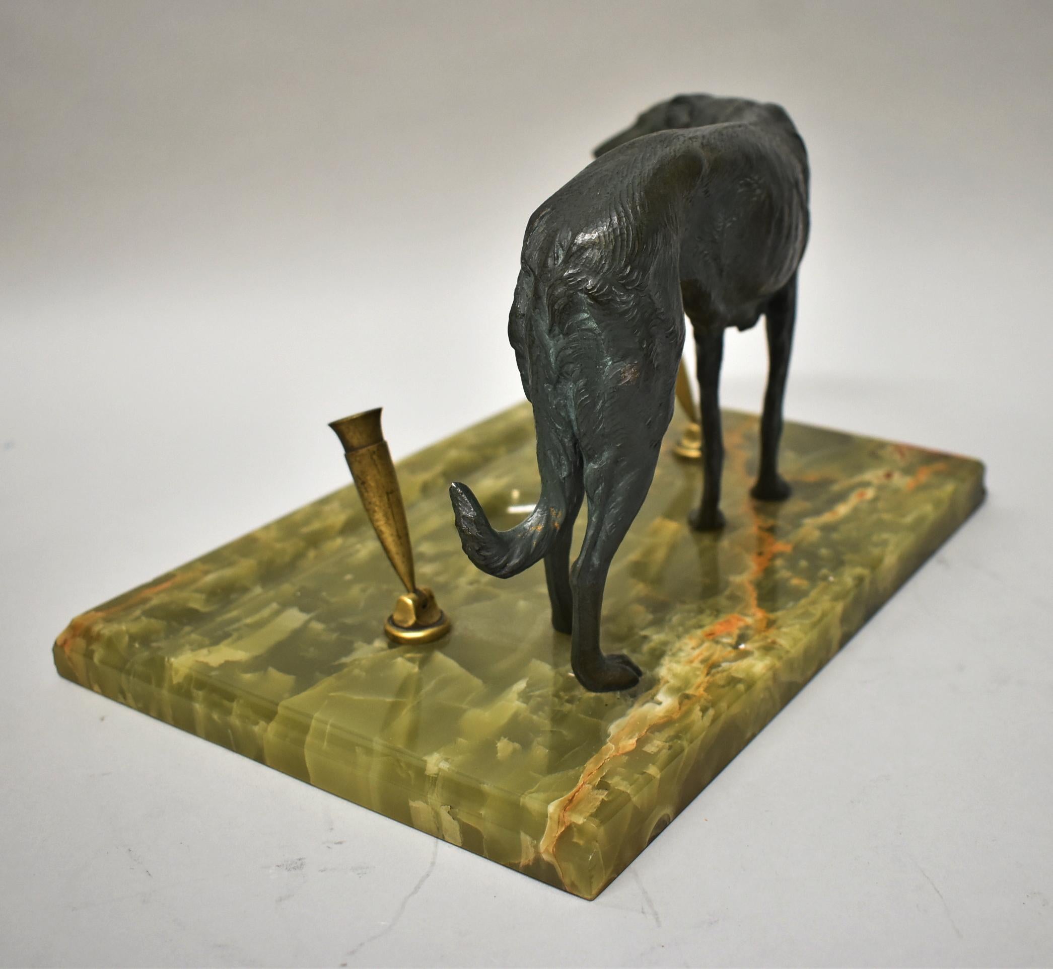 Unknown Antique Art Deco Alabaster & Bronze Borzoi Russian Wolfhound Desk Pen Holder