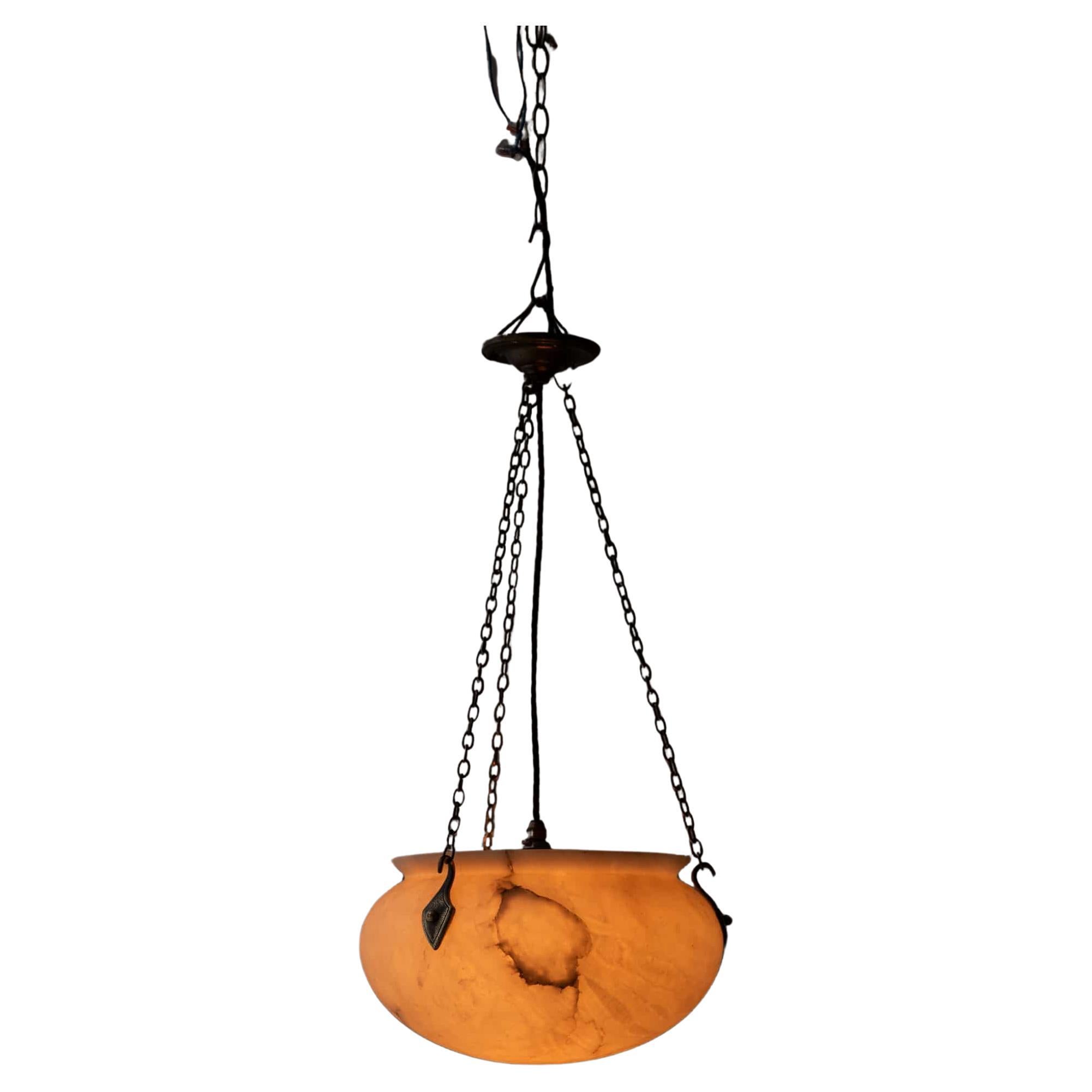 Antique Art Deco Alabaster Plafonnier Ceiling Light Pendant, C.1920
