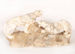 Antique Art Deco Alabaster Sculpture of a Pair of Lioness 20th Century