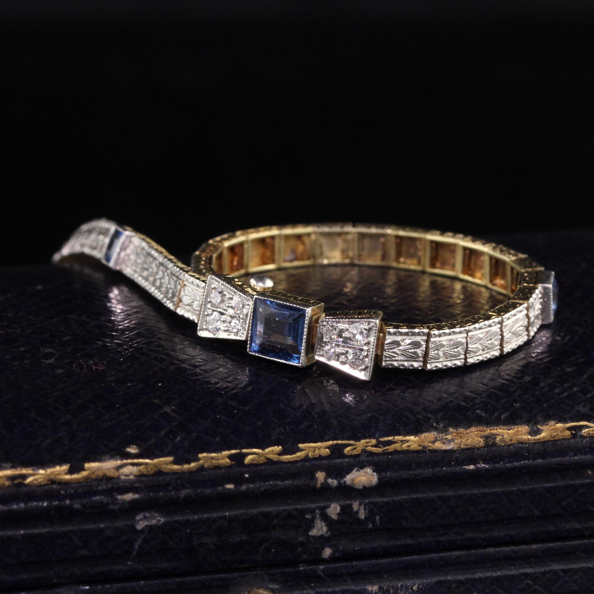 Square Cut Antique Art Deco Allsopp and Allsopp 14k Gold Platinum Diamond Sapphire Bracelet