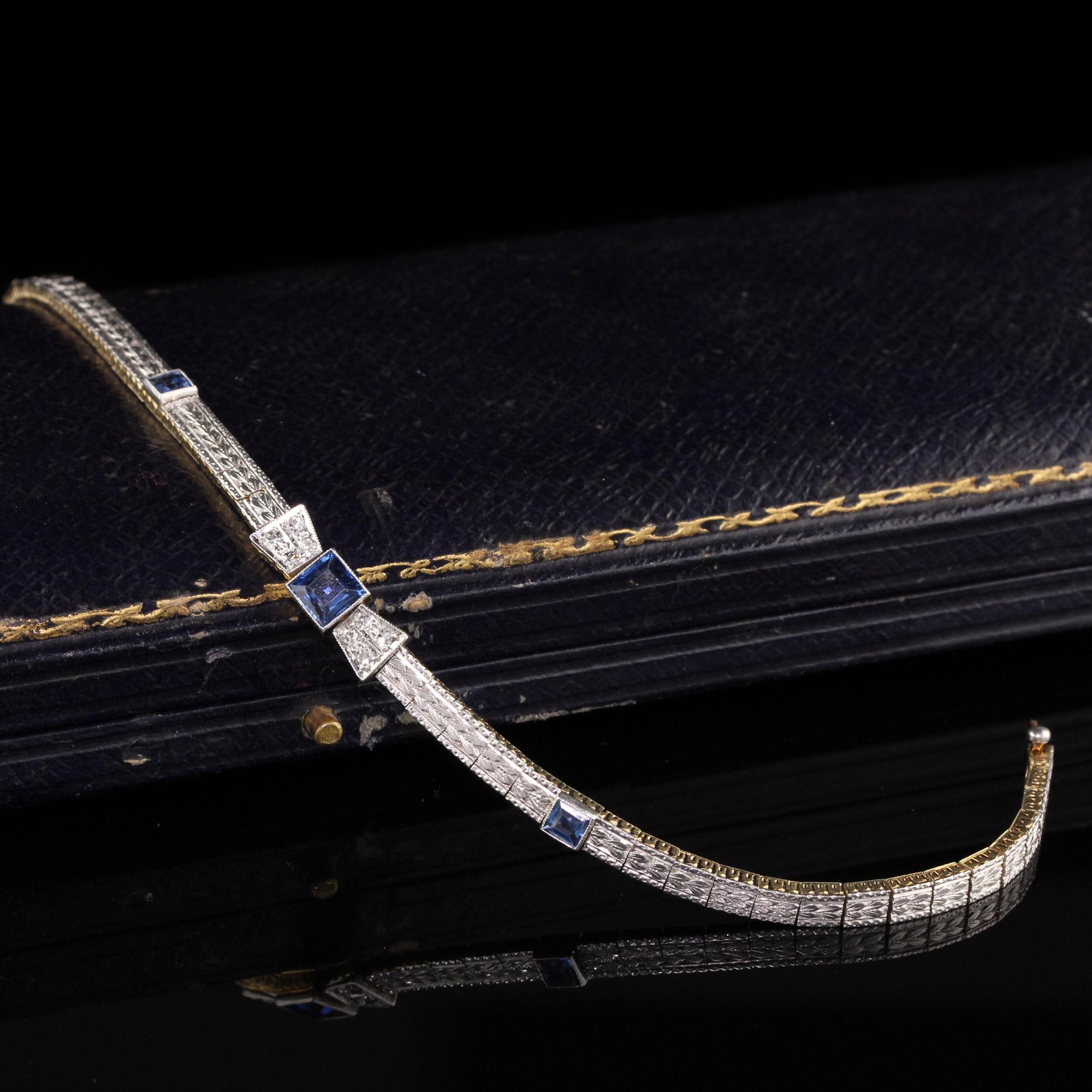 Beautiful Antique Art Deco Allsopp and Allsopp 14K Yellow Gold Platinum Diamond and Sapphire Bracelet. This beautiful bracelet features 3 gorgeous sapphires believed to be Yogo Gulch origin and no heat. The entire bracelet is intricately engraved