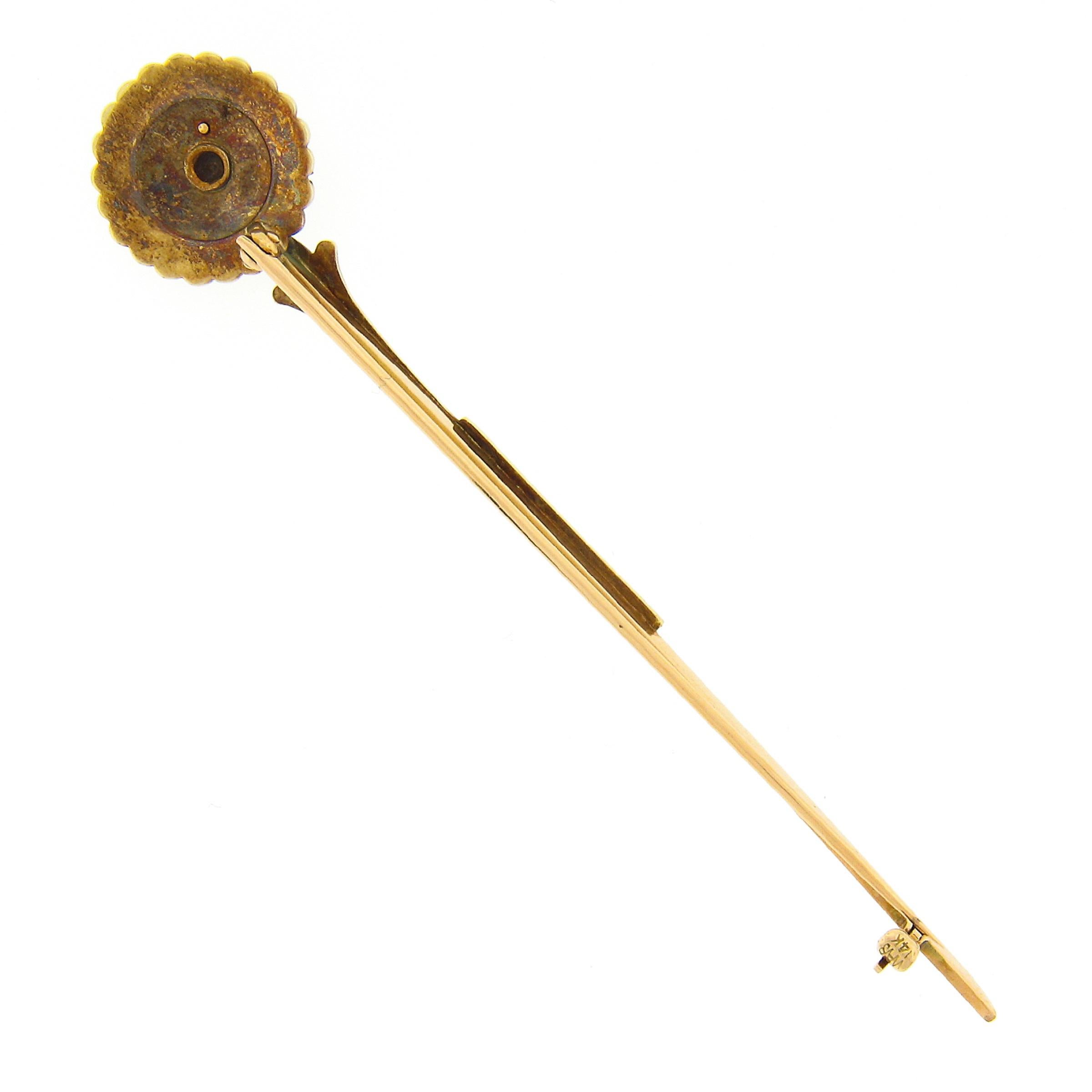 Round Cut Antique Art Deco Allsopp Bliss Co. 14k Gold Seed Pearl & Enamel Long Pin Brooch For Sale