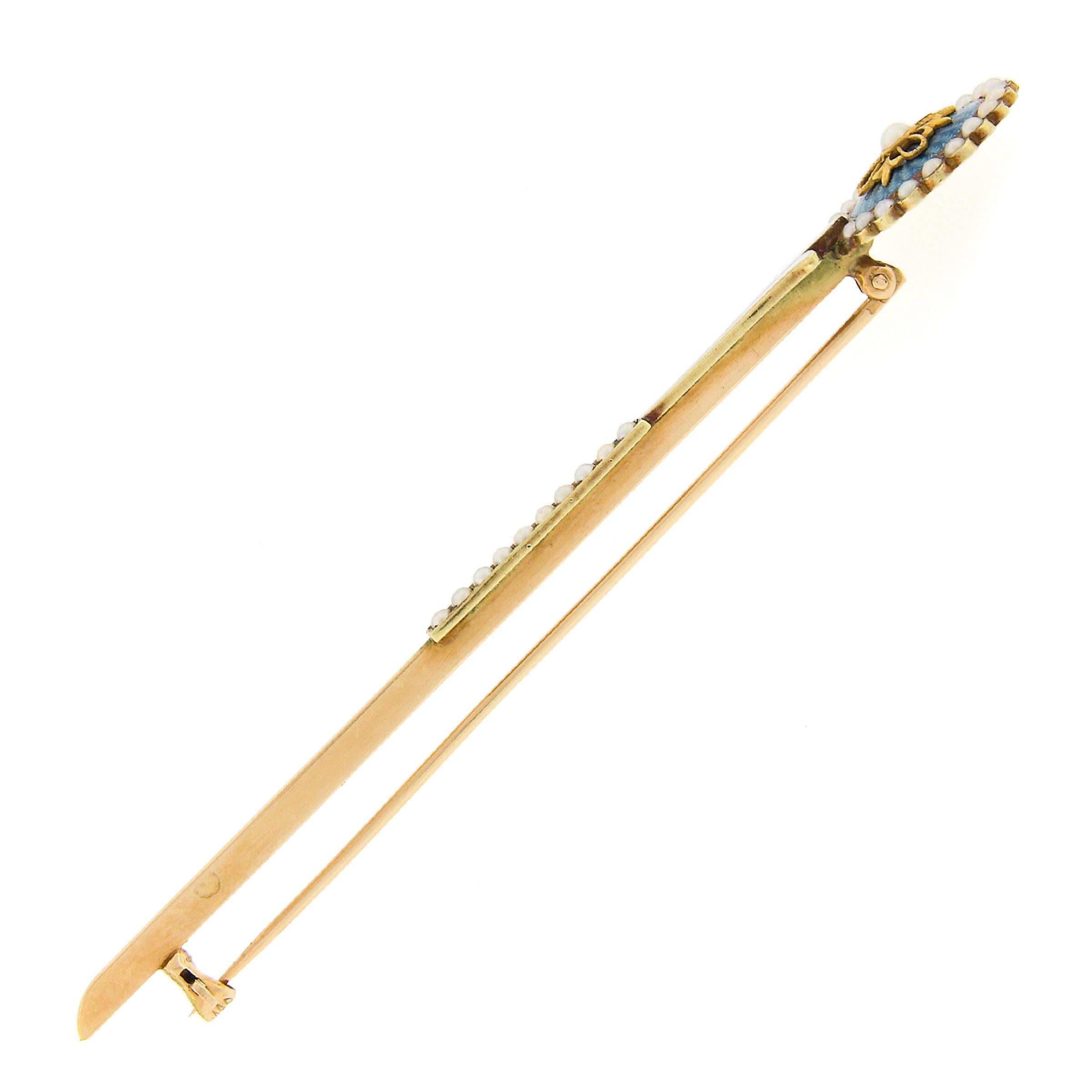 Women's or Men's Antique Art Deco Allsopp Bliss Co. 14k Gold Seed Pearl & Enamel Long Pin Brooch For Sale