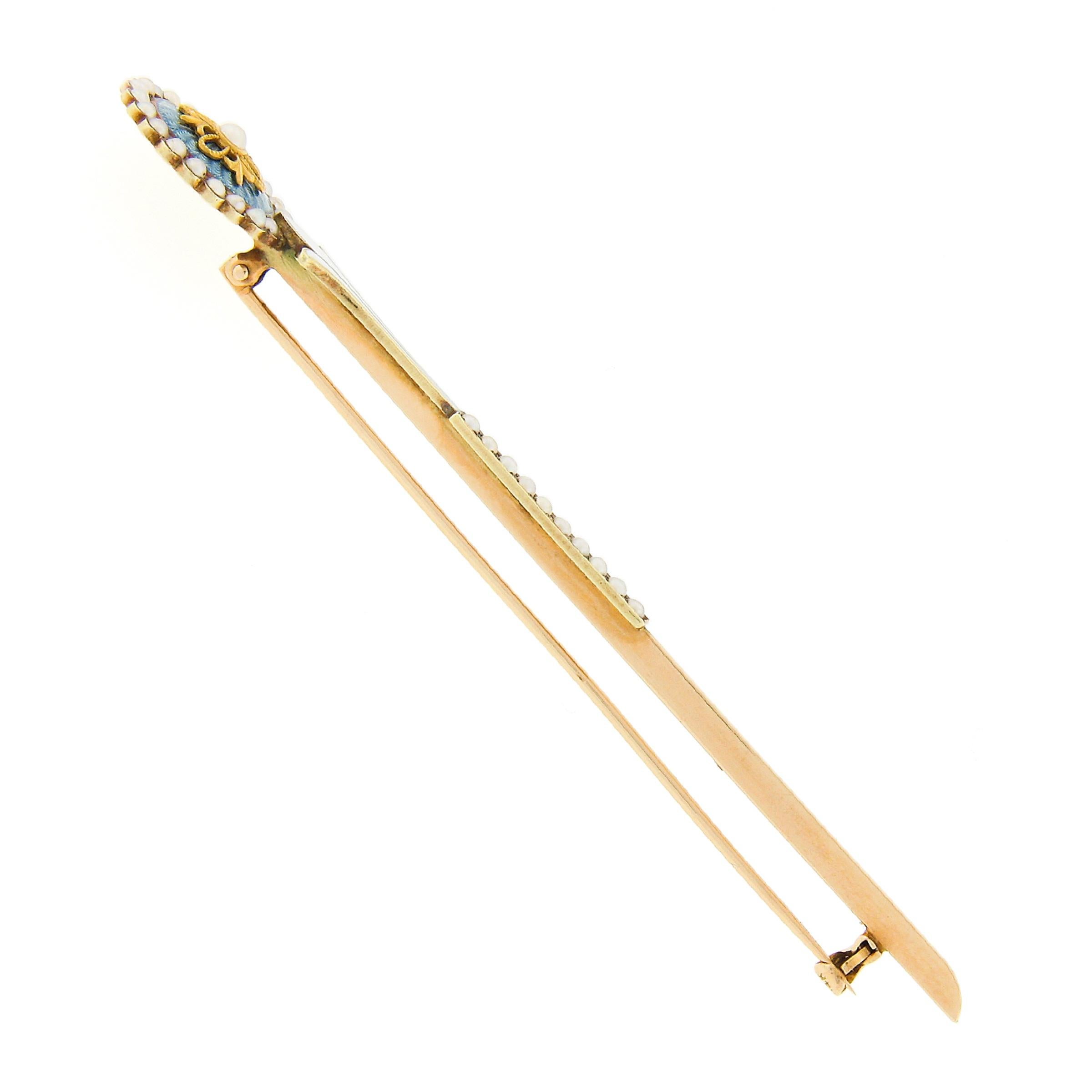 Antique Art Deco Allsopp Bliss Co. 14k Gold Seed Pearl & Enamel Long Pin Brooch For Sale 1