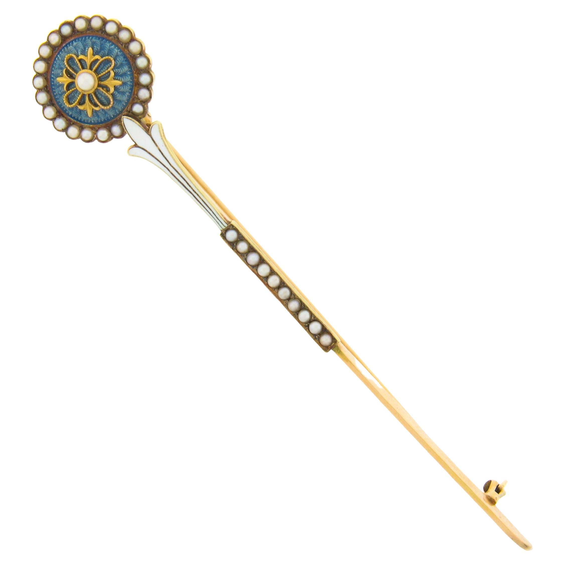 Antique Art Deco Allsopp Bliss Co. 14k Gold Seed Pearl & Enamel Long Pin Brooch For Sale