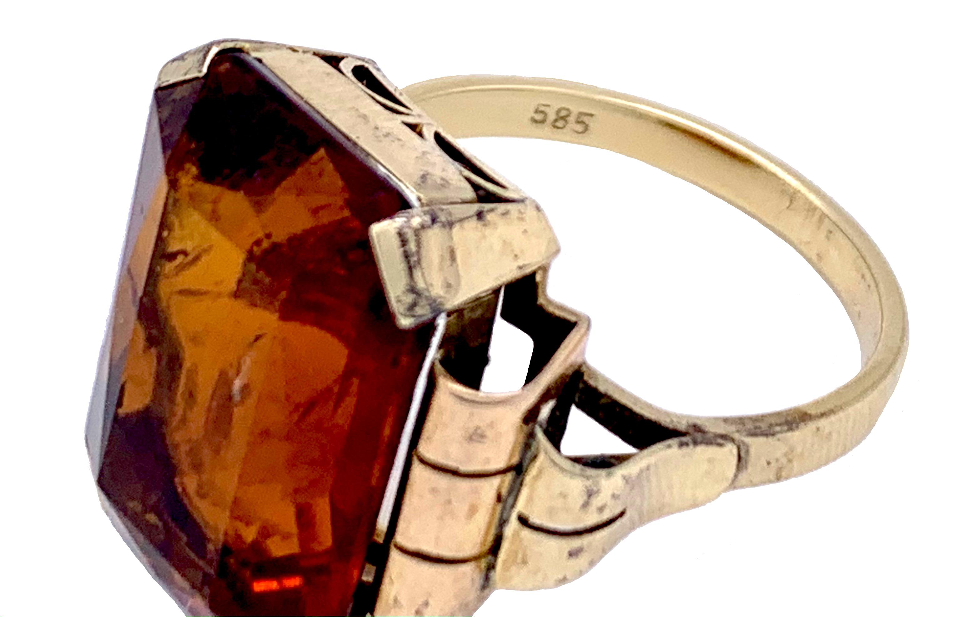 Octagon Cut Antique Art Deco Amber 14 Karat Yellow Gold Dress Ring For Sale