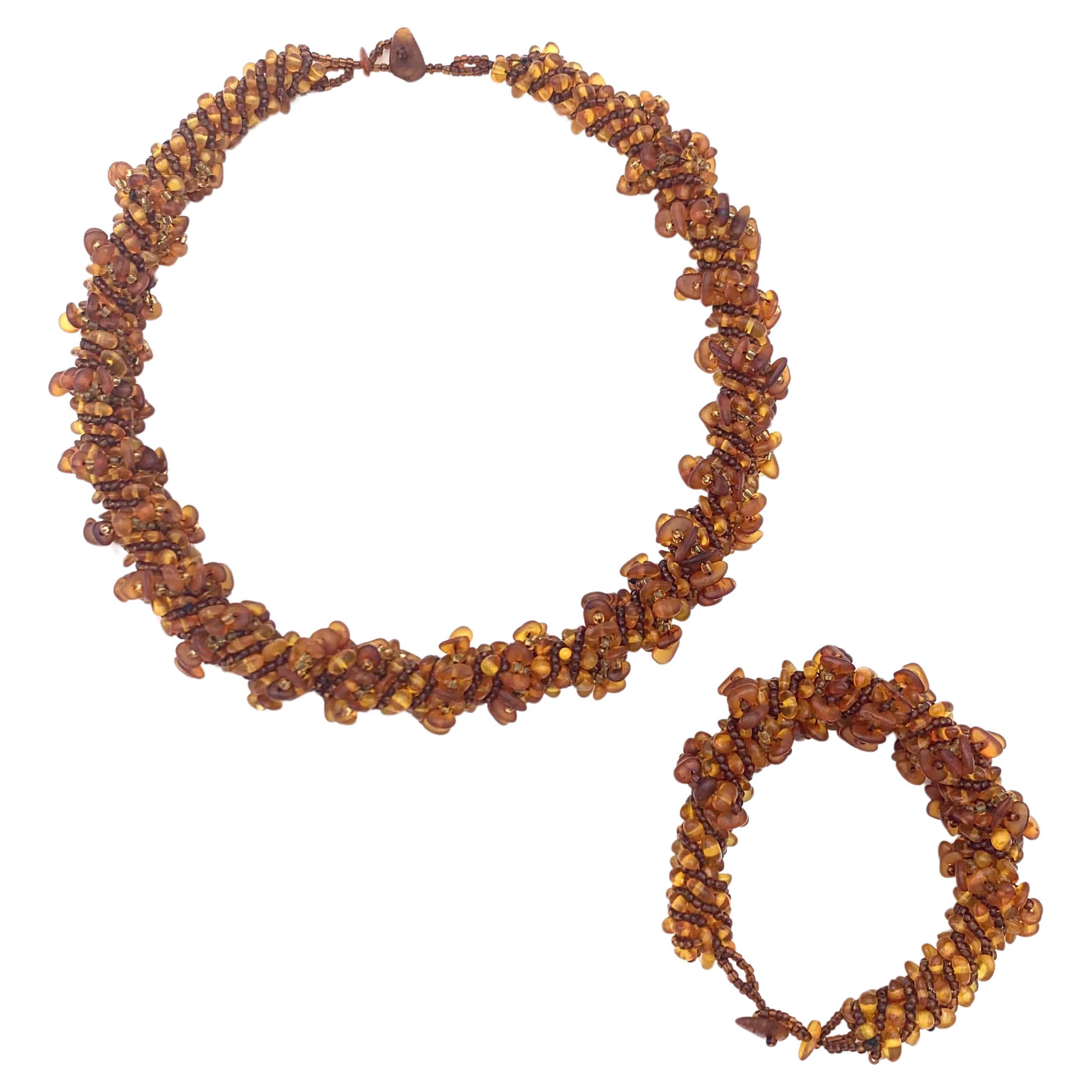Antique Art Deco Amber Bead Necklace and Bracelet Amber Demi Parure