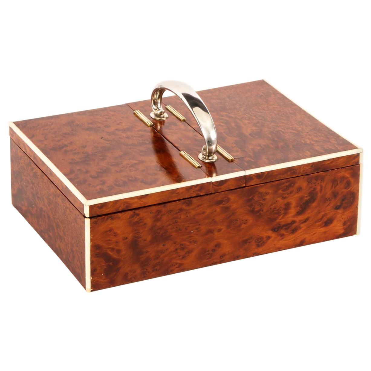 Antique Art Deco Amboyna and Sterling Silver Humidor, by Callow Mayfair, 1928