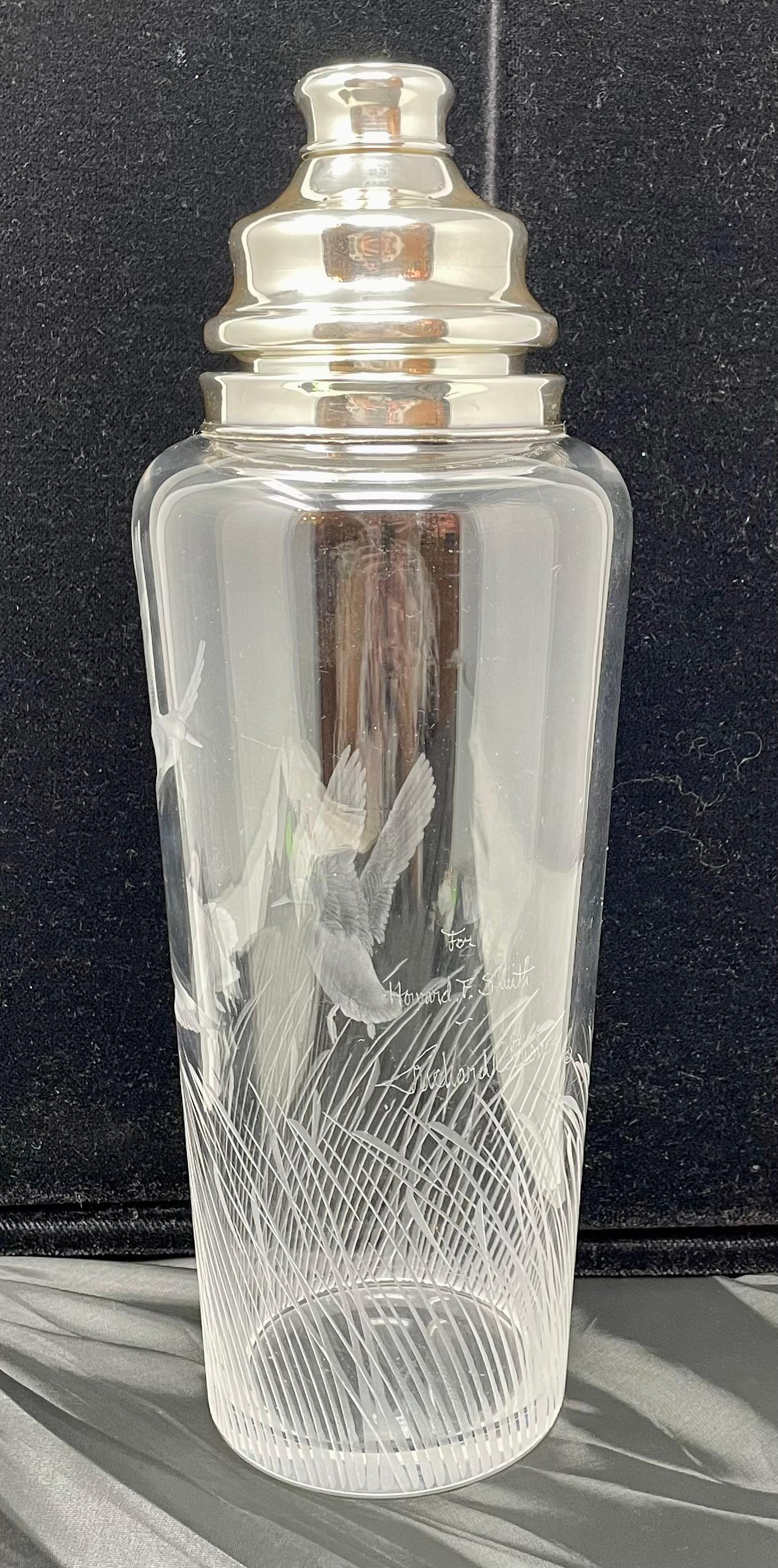 Antique Art Deco American Hawkes Etched Glass & Sterling Silver Cocktail Shaker In Good Condition For Sale In New Orleans, LA