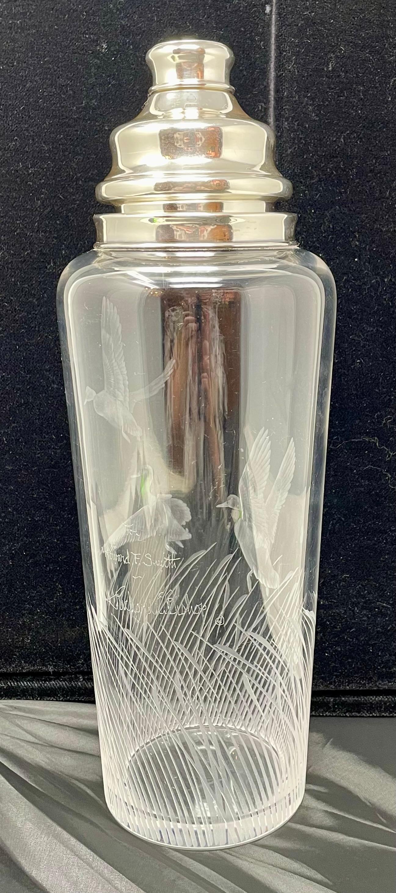 20th Century Antique Art Deco American Hawkes Etched Glass & Sterling Silver Cocktail Shaker For Sale