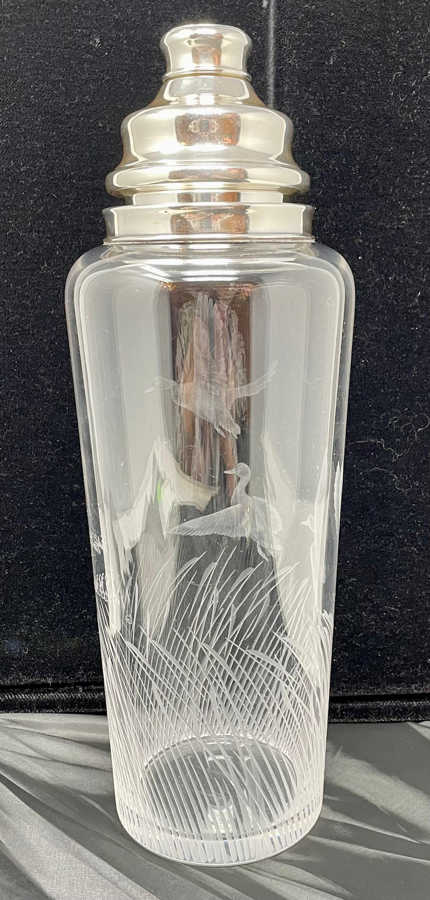 Antique Art Deco American Hawkes Etched Glass & Sterling Silver Cocktail Shaker For Sale 1