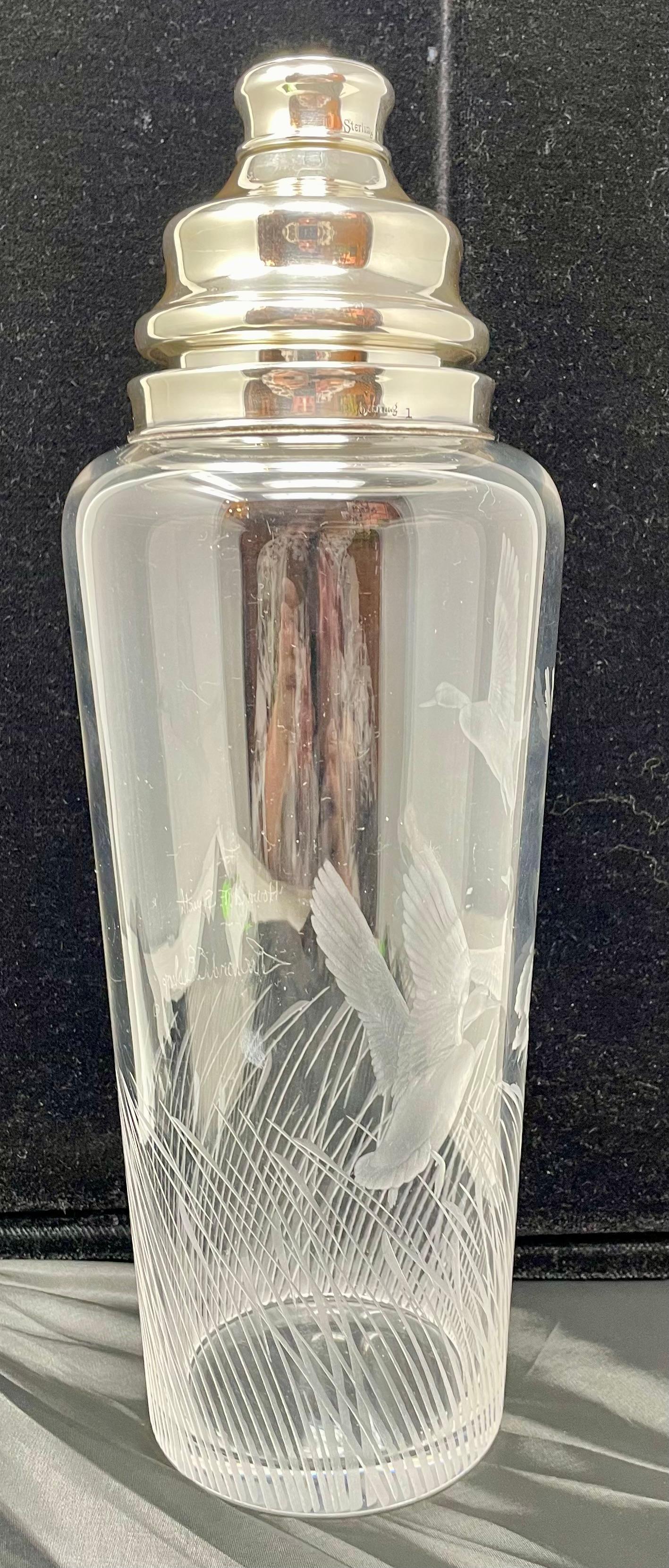 Antique Art Deco American Hawkes Etched Glass & Sterling Silver Cocktail Shaker For Sale 2