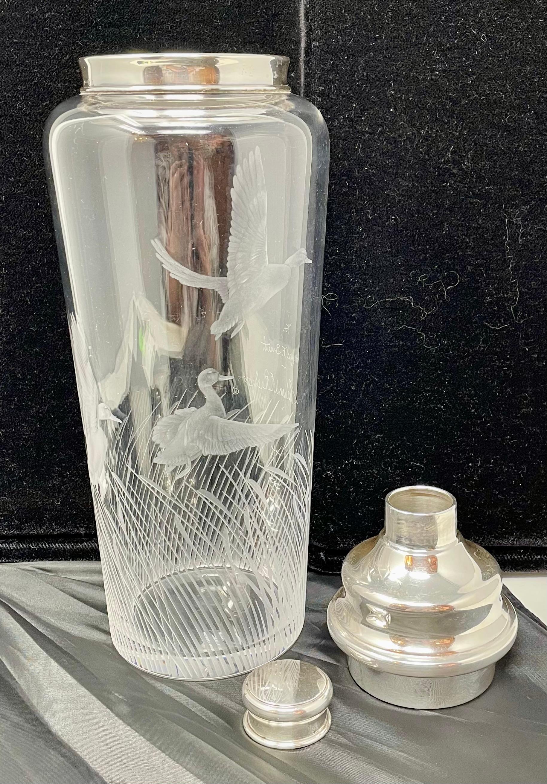Antique Art Deco American Hawkes Etched Glass & Sterling Silver Cocktail Shaker For Sale 3