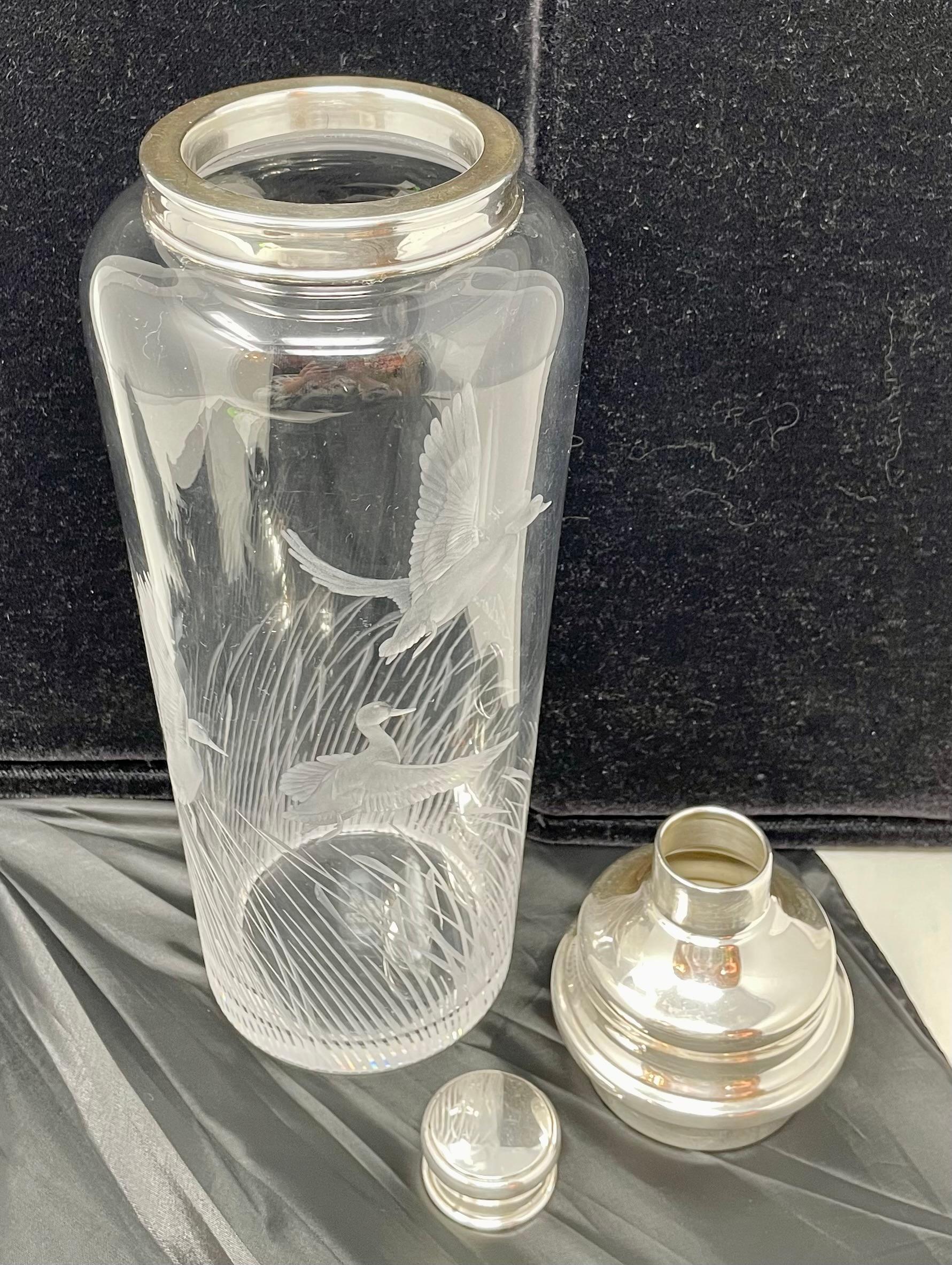 Antique Art Deco American Hawkes Etched Glass & Sterling Silver Cocktail Shaker For Sale 4
