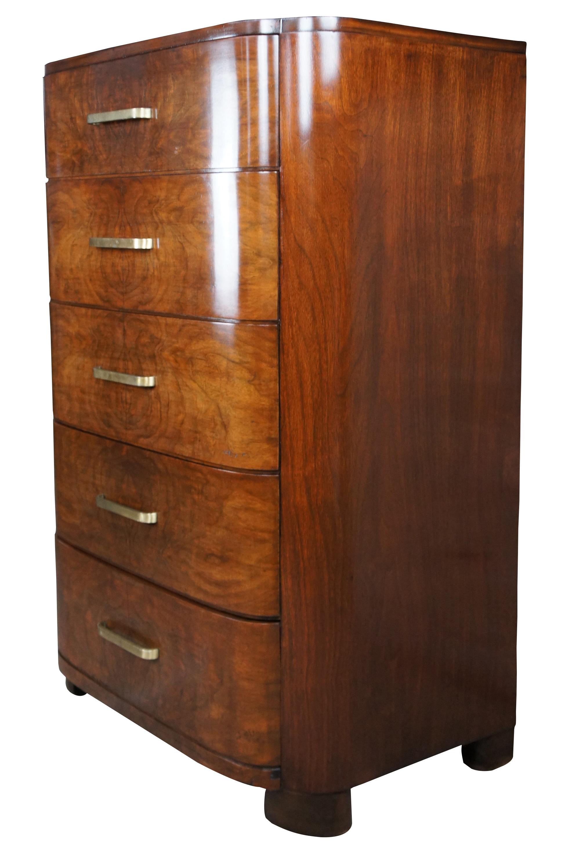 Antique Art Deco American Walnut Bowfront 5 Drawer Dresser Tallboy Chest In Good Condition In Dayton, OH