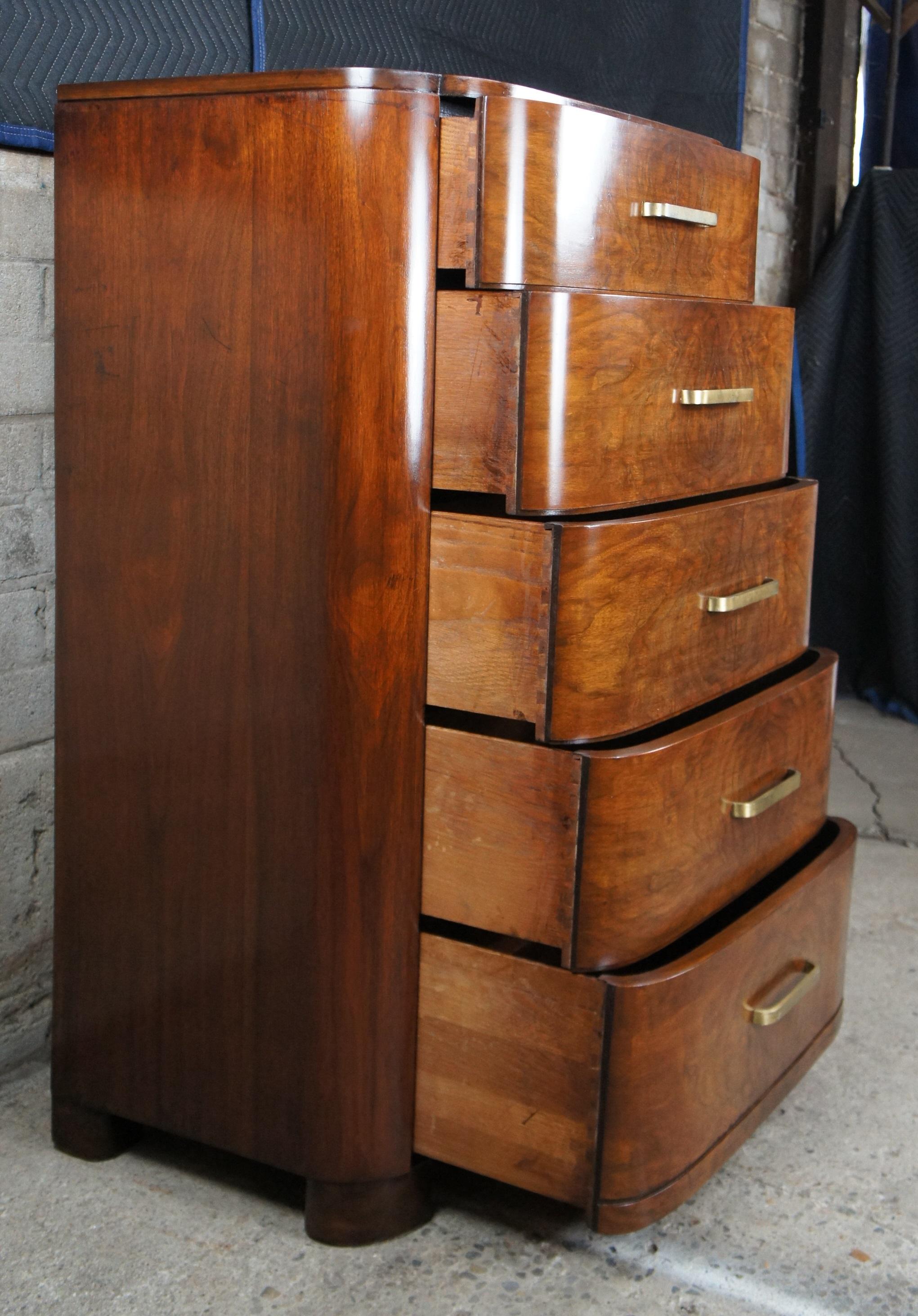 Antique Art Deco American Walnut Bowfront 5 Drawer Dresser Tallboy Chest 1