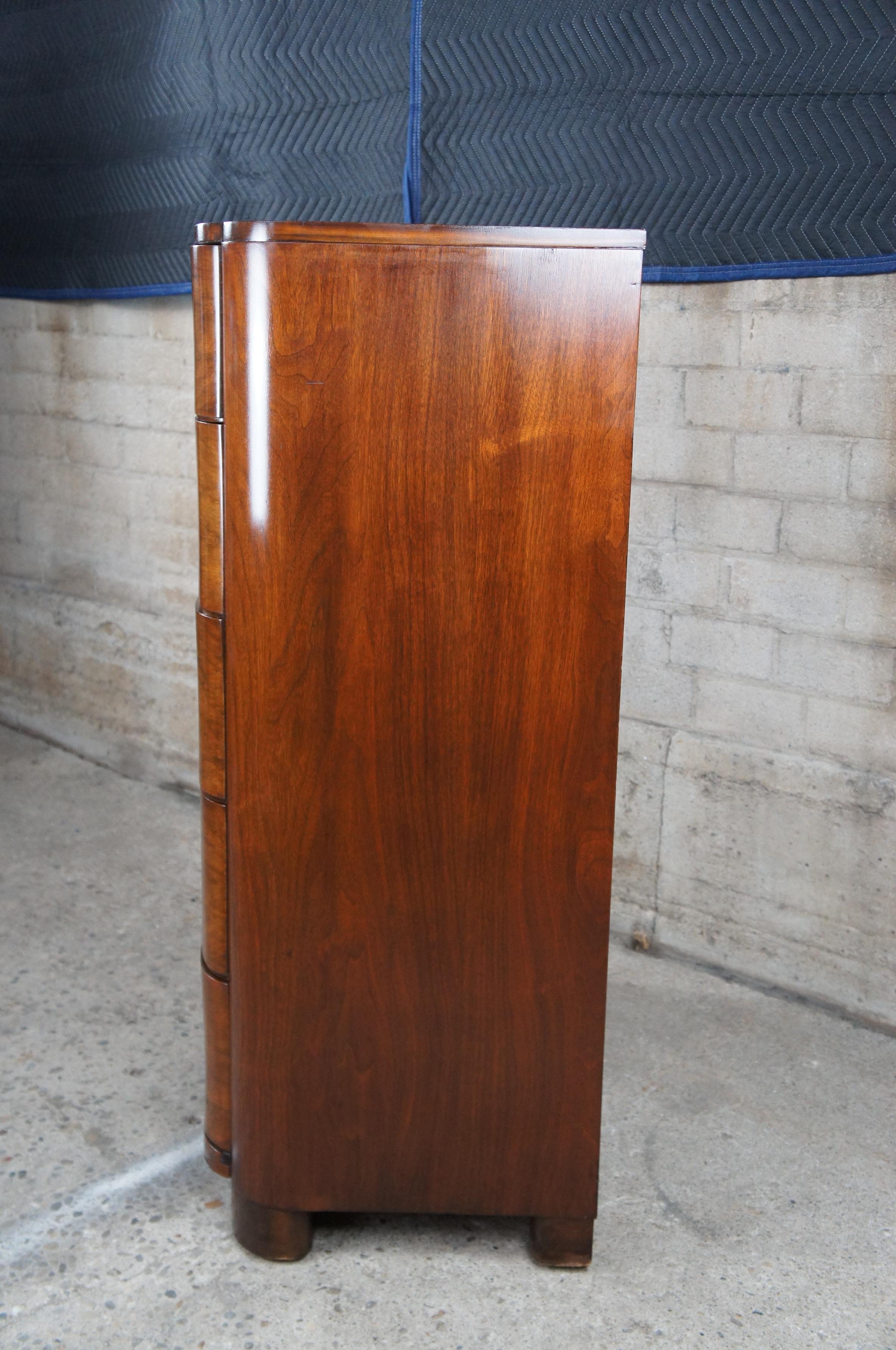 Antique Art Deco American Walnut Bowfront 5 Drawer Dresser Tallboy Chest 4