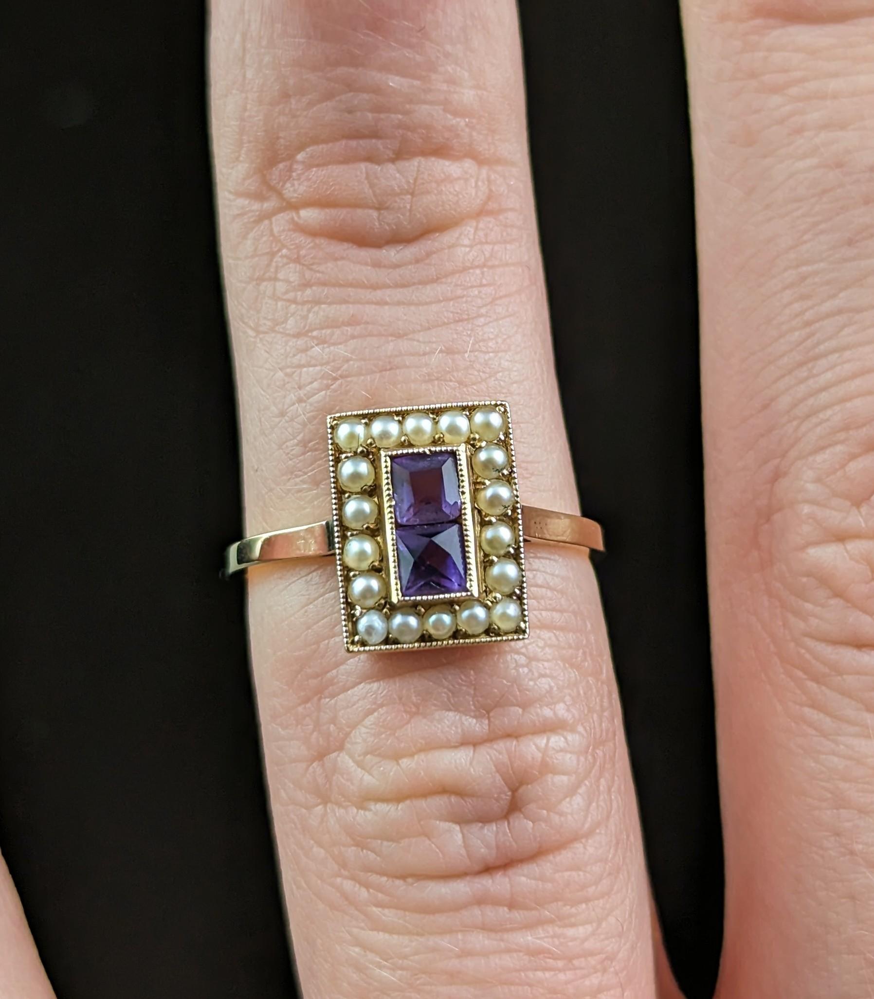 Antique Art Deco Amethyst and Seed pearl ring, 18k yellow gold  5
