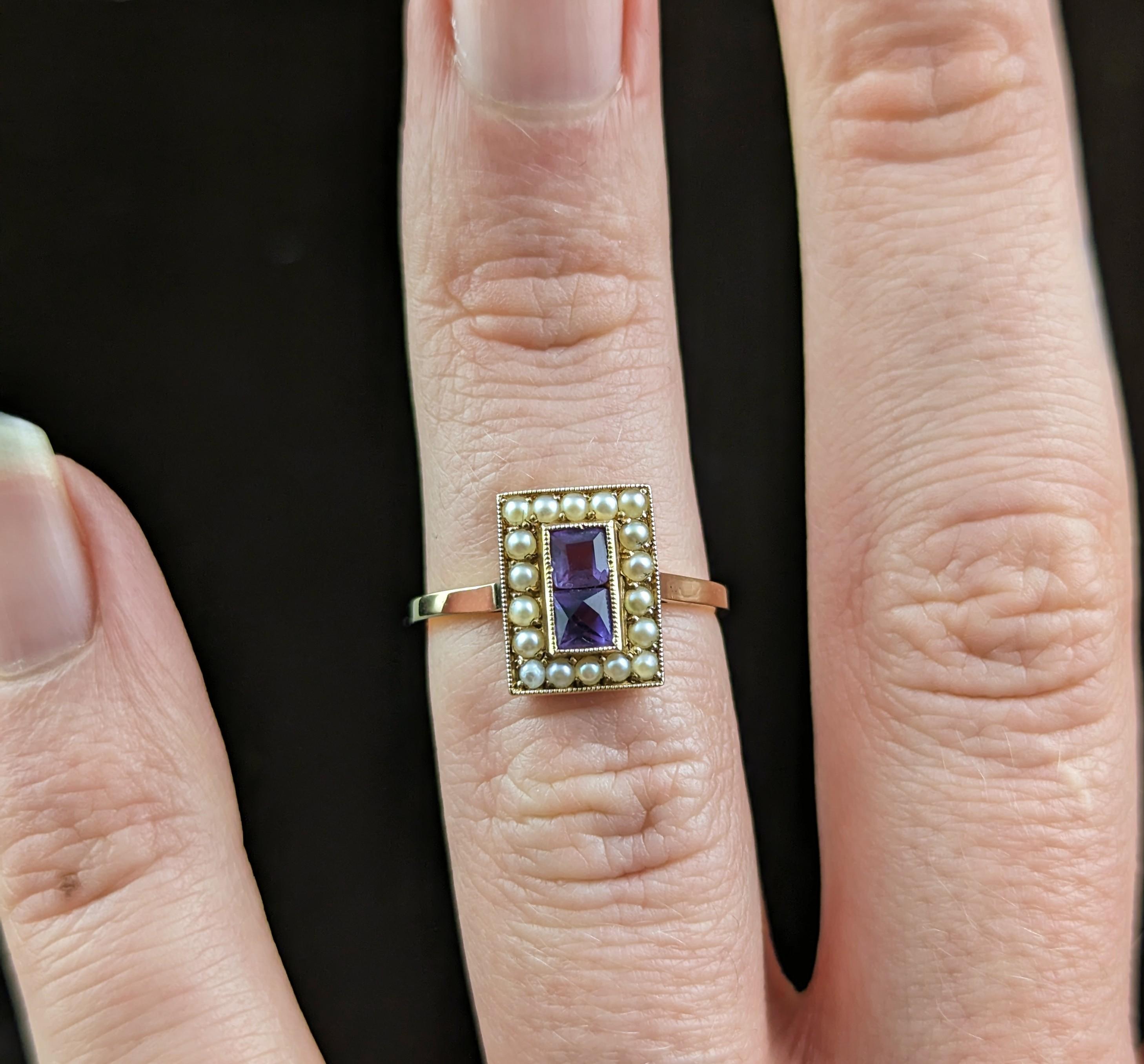 Antique Art Deco Amethyst and Seed pearl ring, 18k yellow gold  6