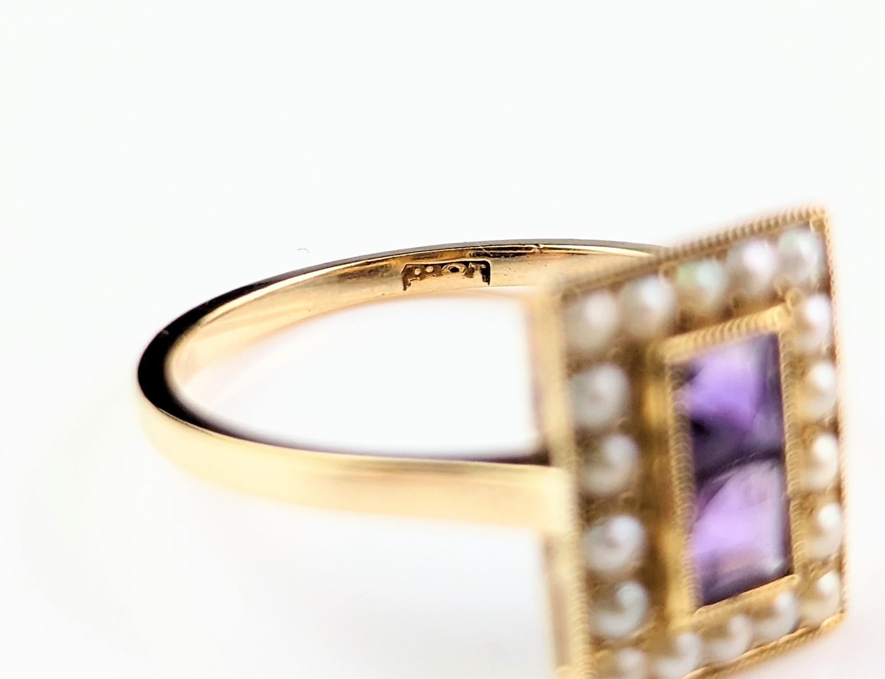 Antique Art Deco Amethyst and Seed pearl ring, 18k yellow gold  8