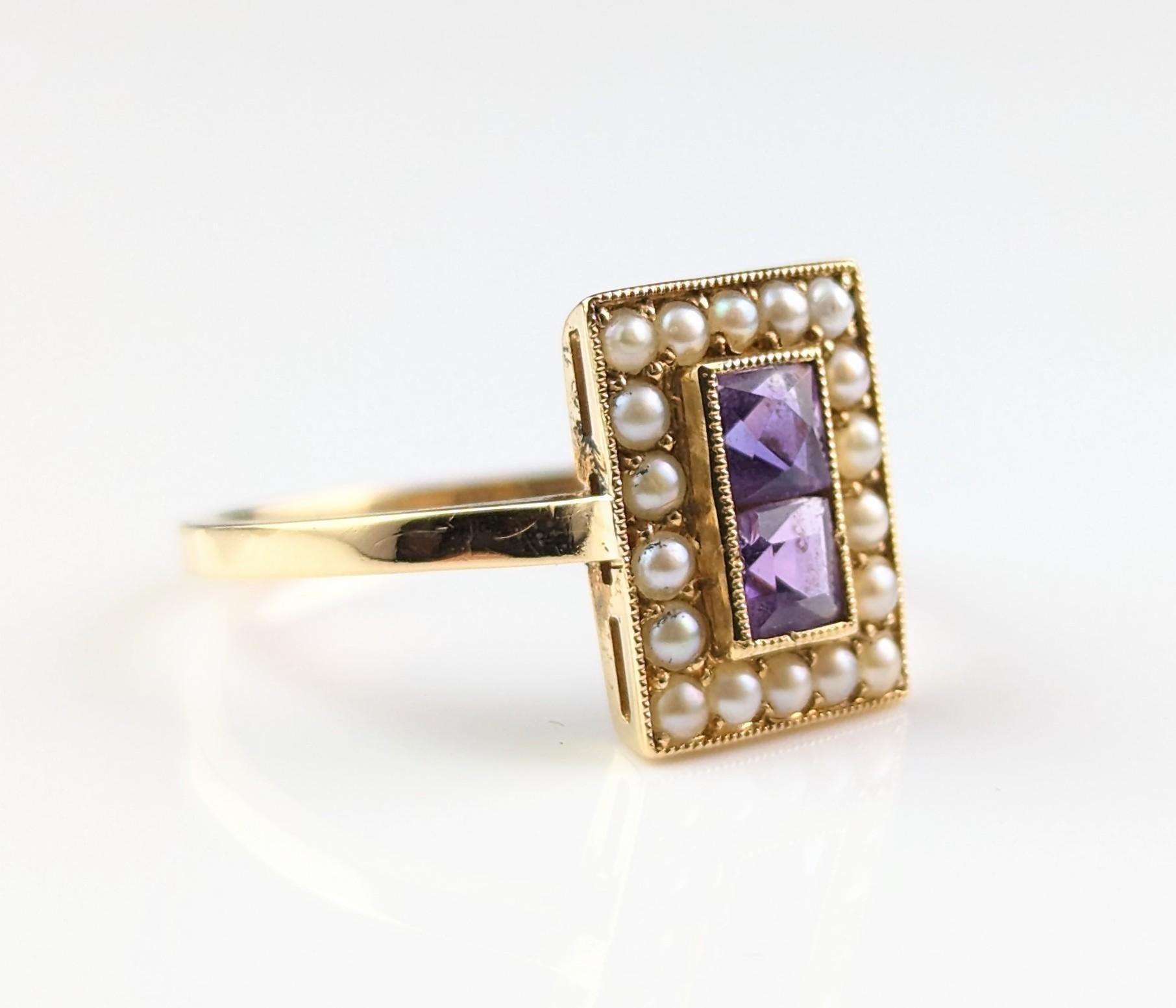 Antique Art Deco Amethyst and Seed pearl ring, 18k yellow gold  9