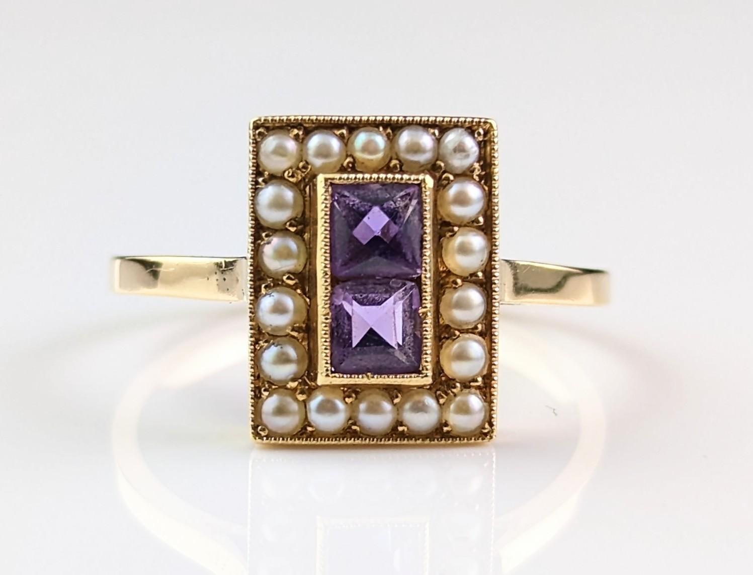 Antique Art Deco Amethyst and Seed pearl ring, 18k yellow gold  10