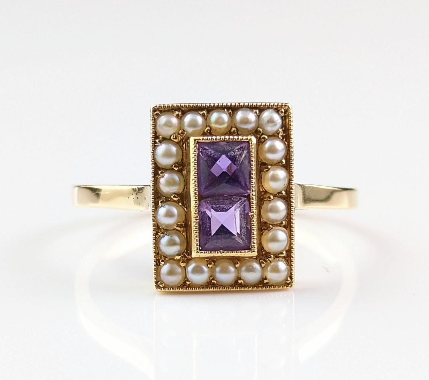 Antique Art Deco Amethyst and Seed pearl ring, 18k yellow gold  11