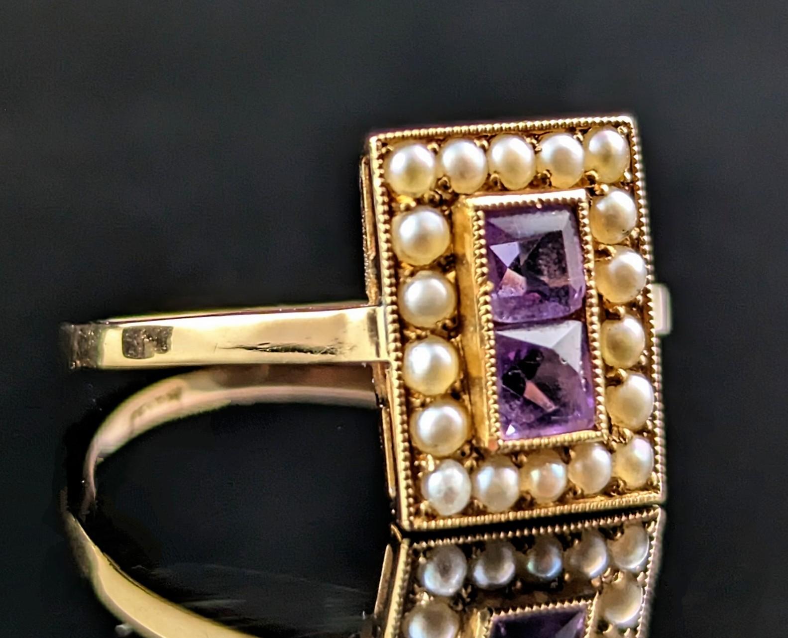 Antique Art Deco Amethyst and Seed pearl ring, 18k yellow gold  2