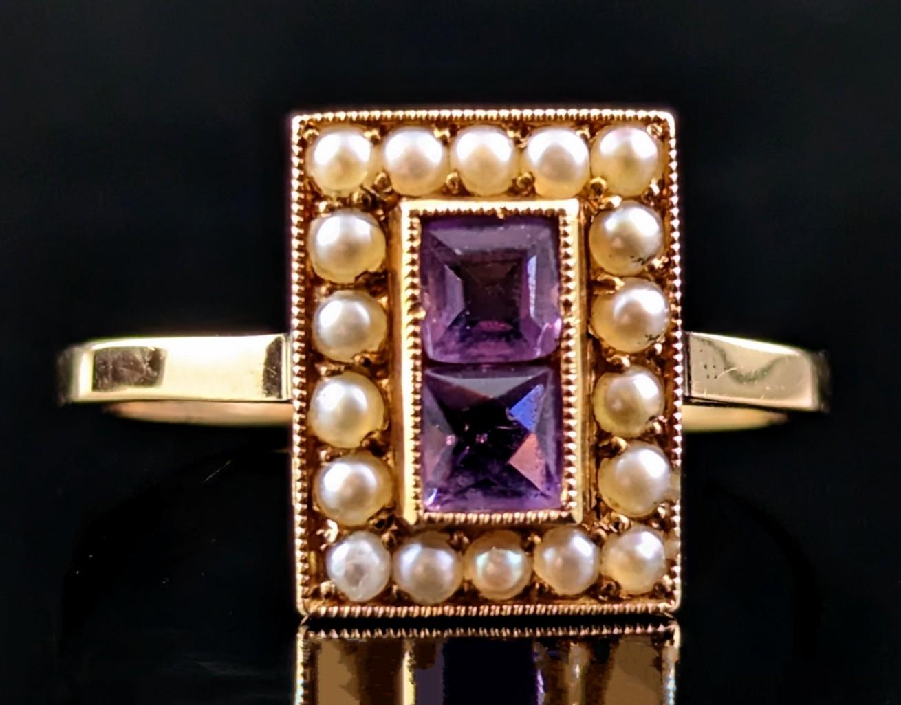 Antique Art Deco Amethyst and Seed pearl ring, 18k yellow gold  3
