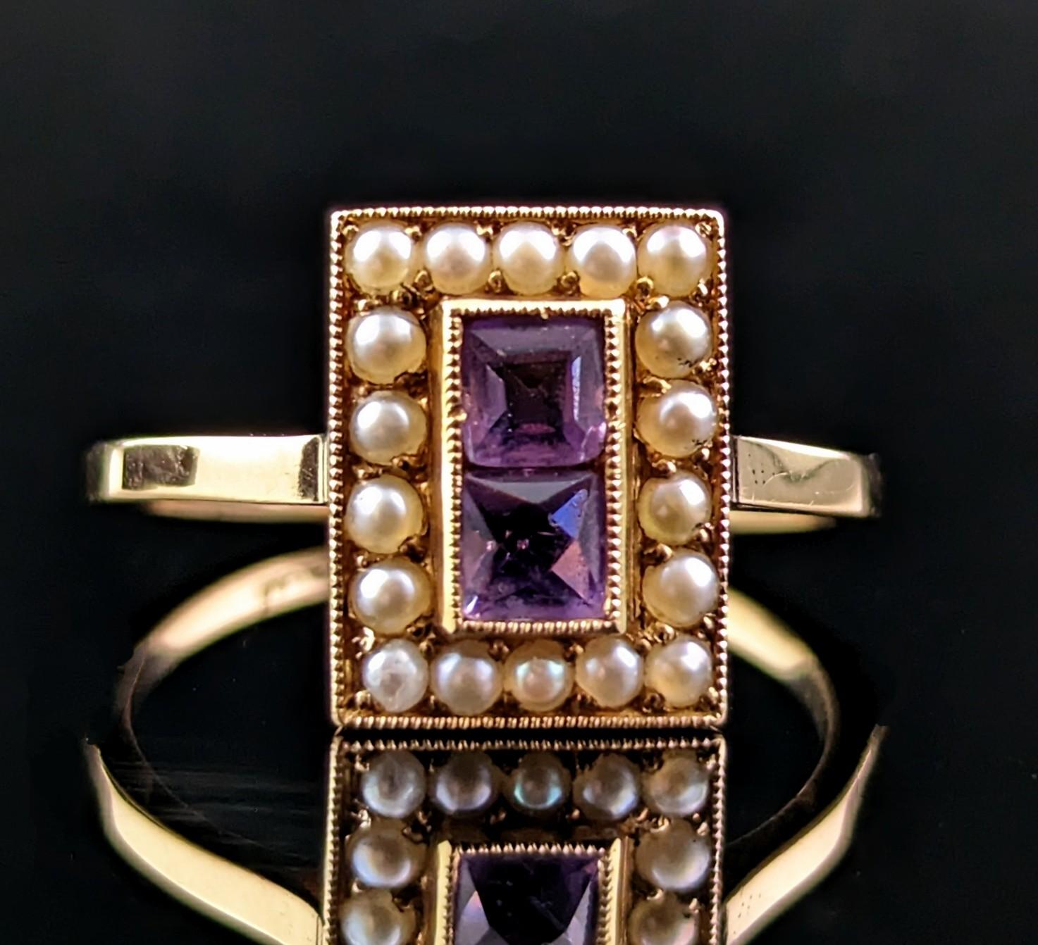 Antique Art Deco Amethyst and Seed pearl ring, 18k yellow gold  4