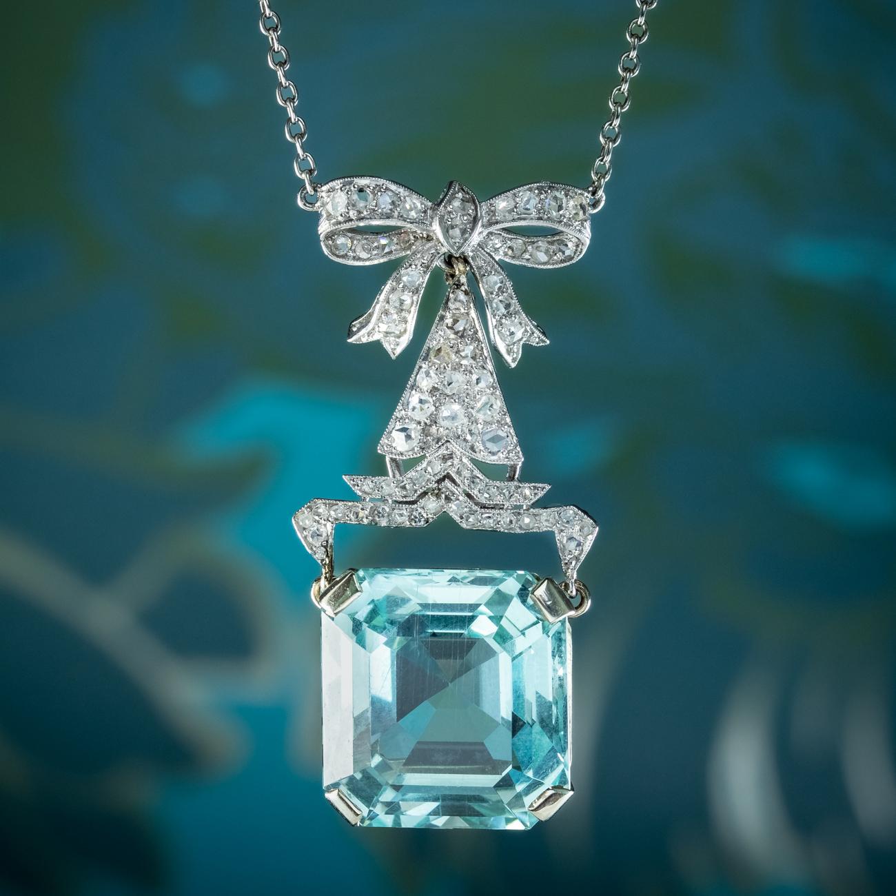 Antike Art Deco Aquamarin-Diamant-Lavaliere-Halskette, 30 Karat Aqua im Angebot 4