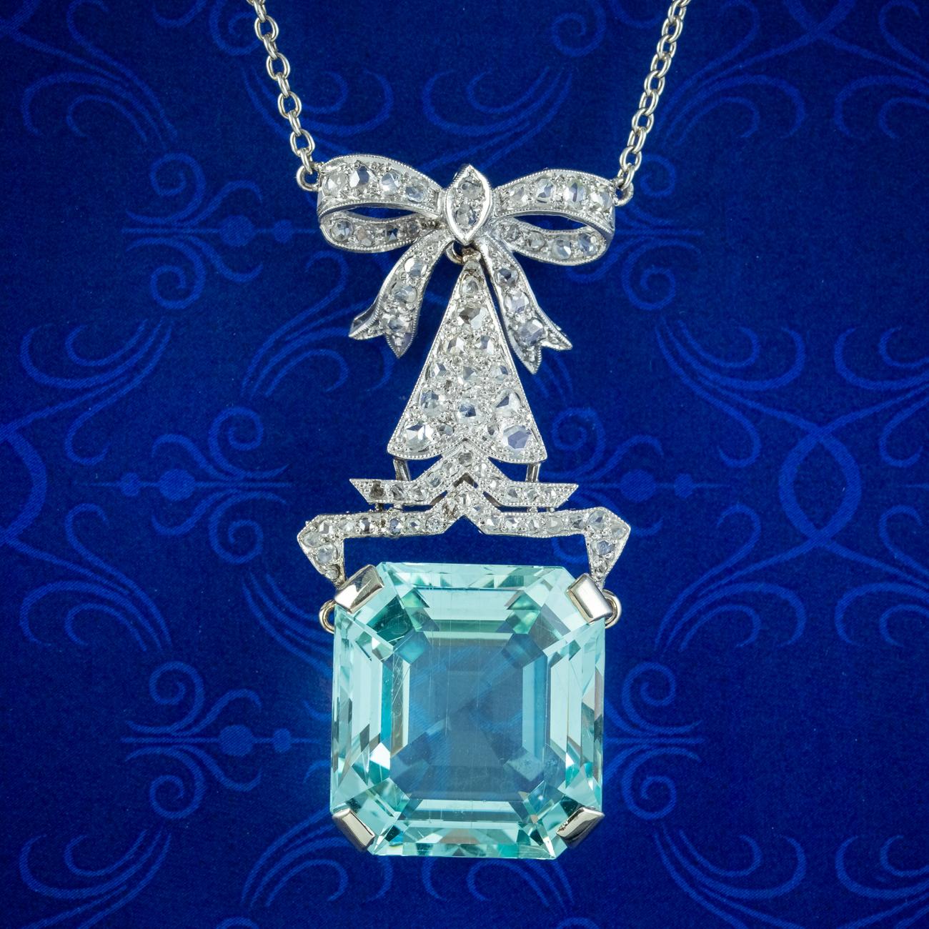 Emerald Cut Antique Art Deco Aquamarine Diamond Lavaliere Necklace 30ct Aqua For Sale