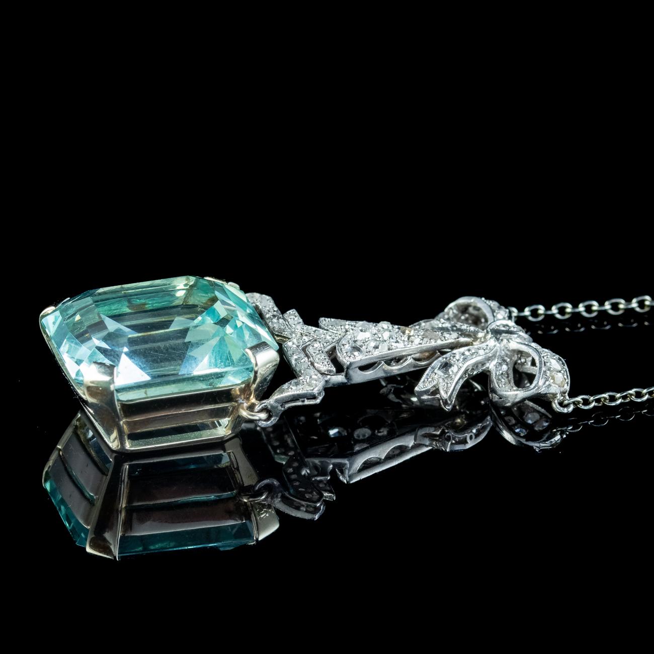 Antike Art Deco Aquamarin-Diamant-Lavaliere-Halskette, 30 Karat Aqua im Angebot 2