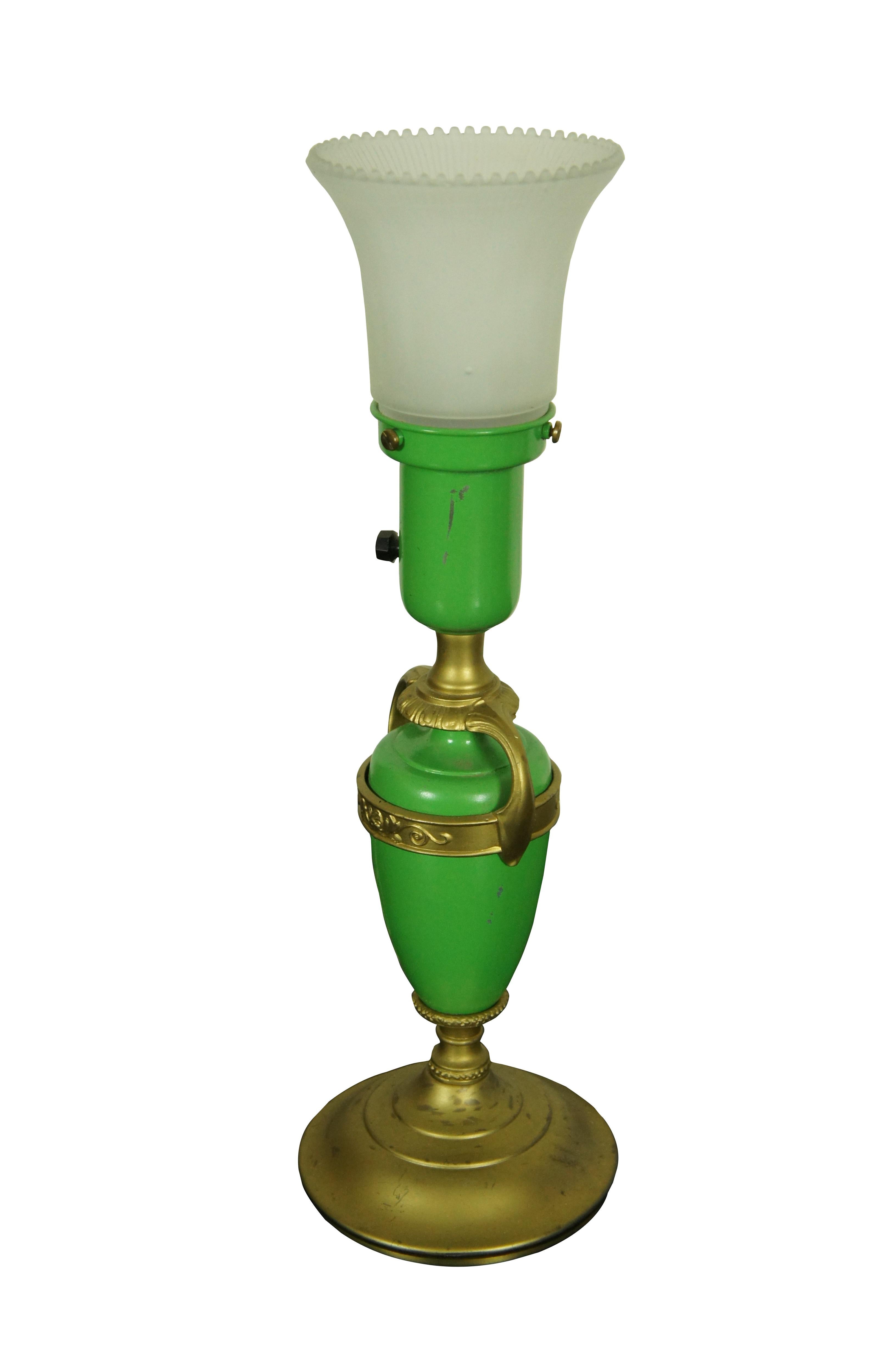 Antique Artistic Brass & Bronze Works NYC budoir / library / office lamp featuring Art Deco styling with torchiere style shade and green metal body.

Dimensions:
5.25