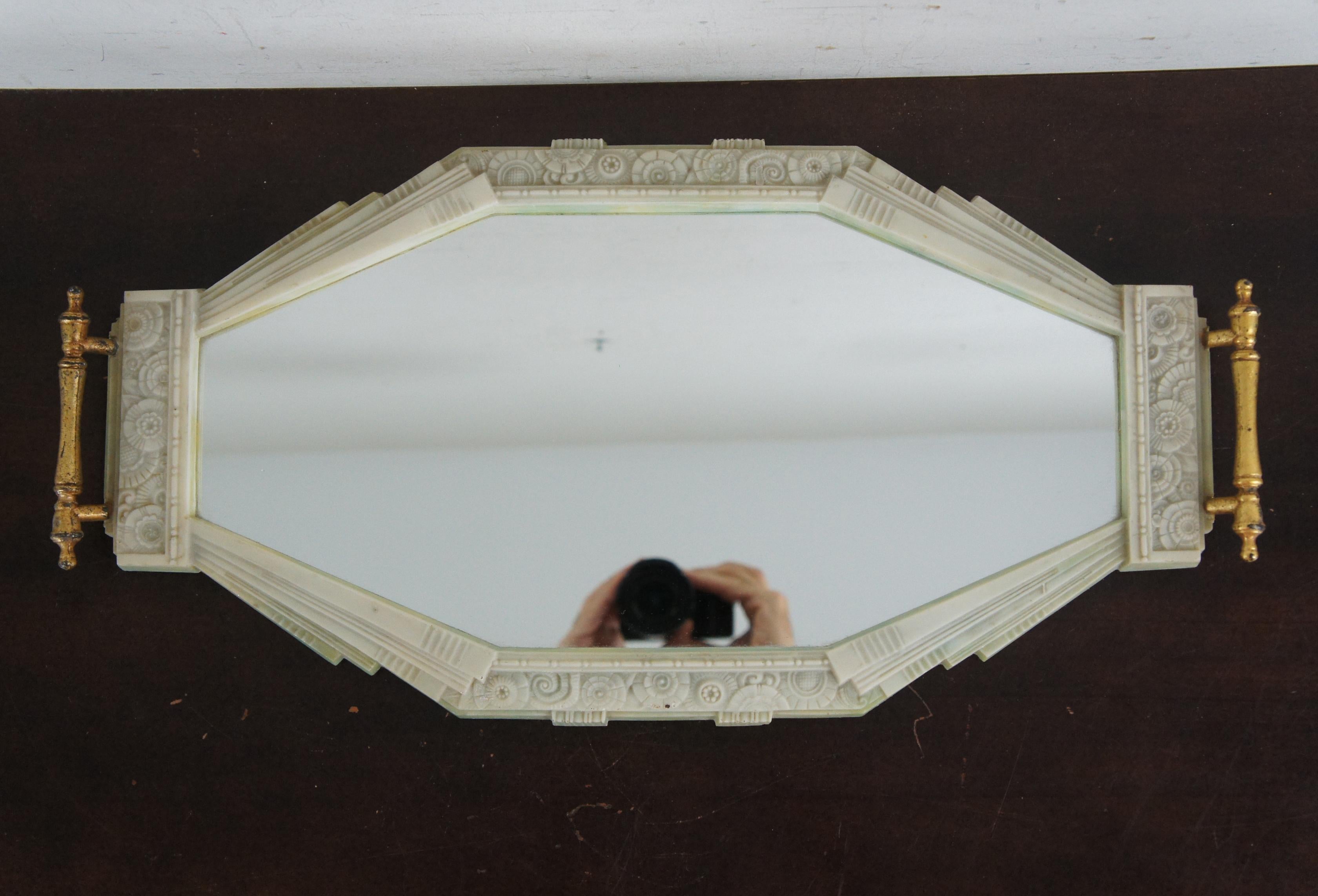 Antique Art Deco Bakelite Mirrored Vanity Tray Wall Hanging Glass Mirror In Good Condition In Dayton, OH