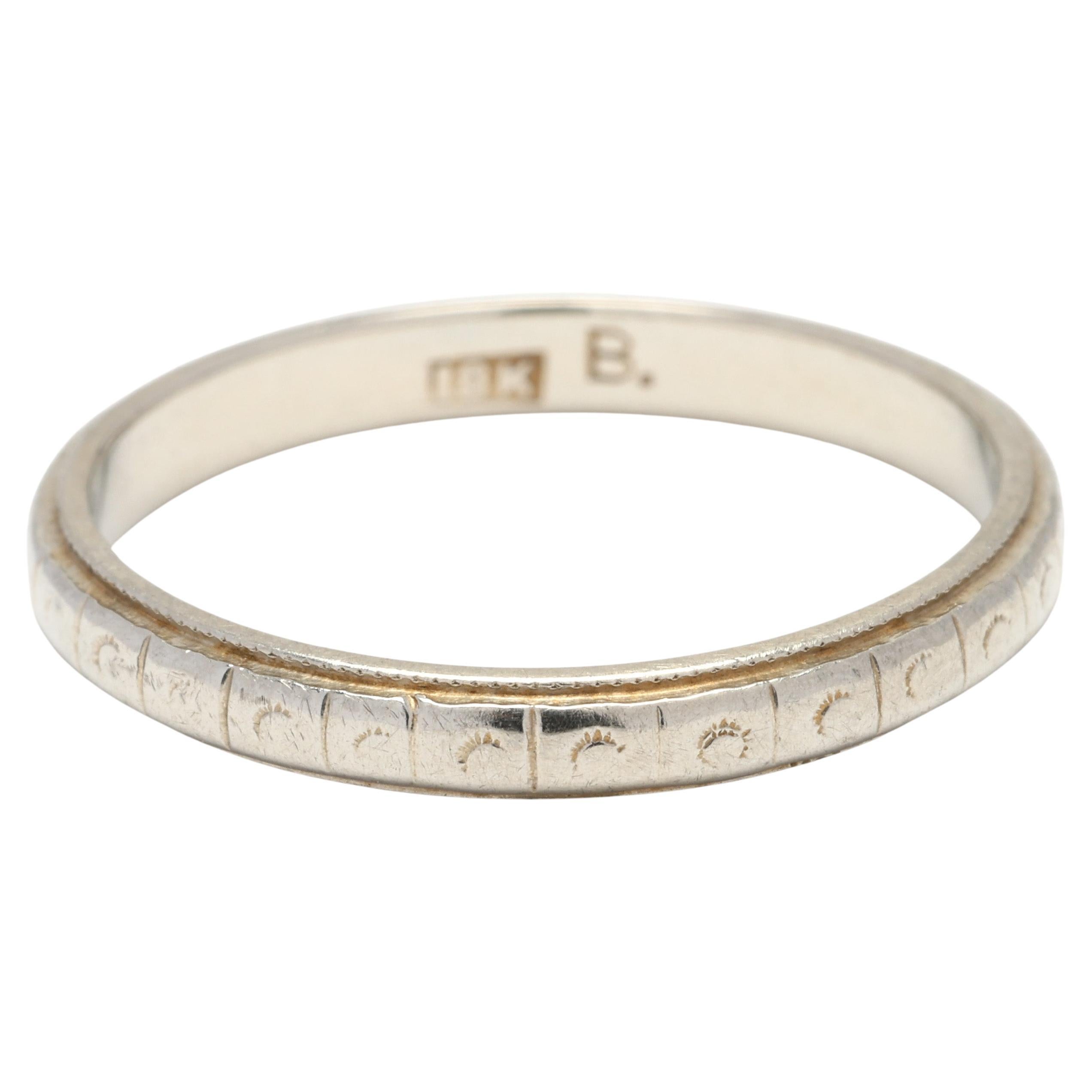 Antique Art Deco Band Ring, 18k White Gold, Ring Size 6.5