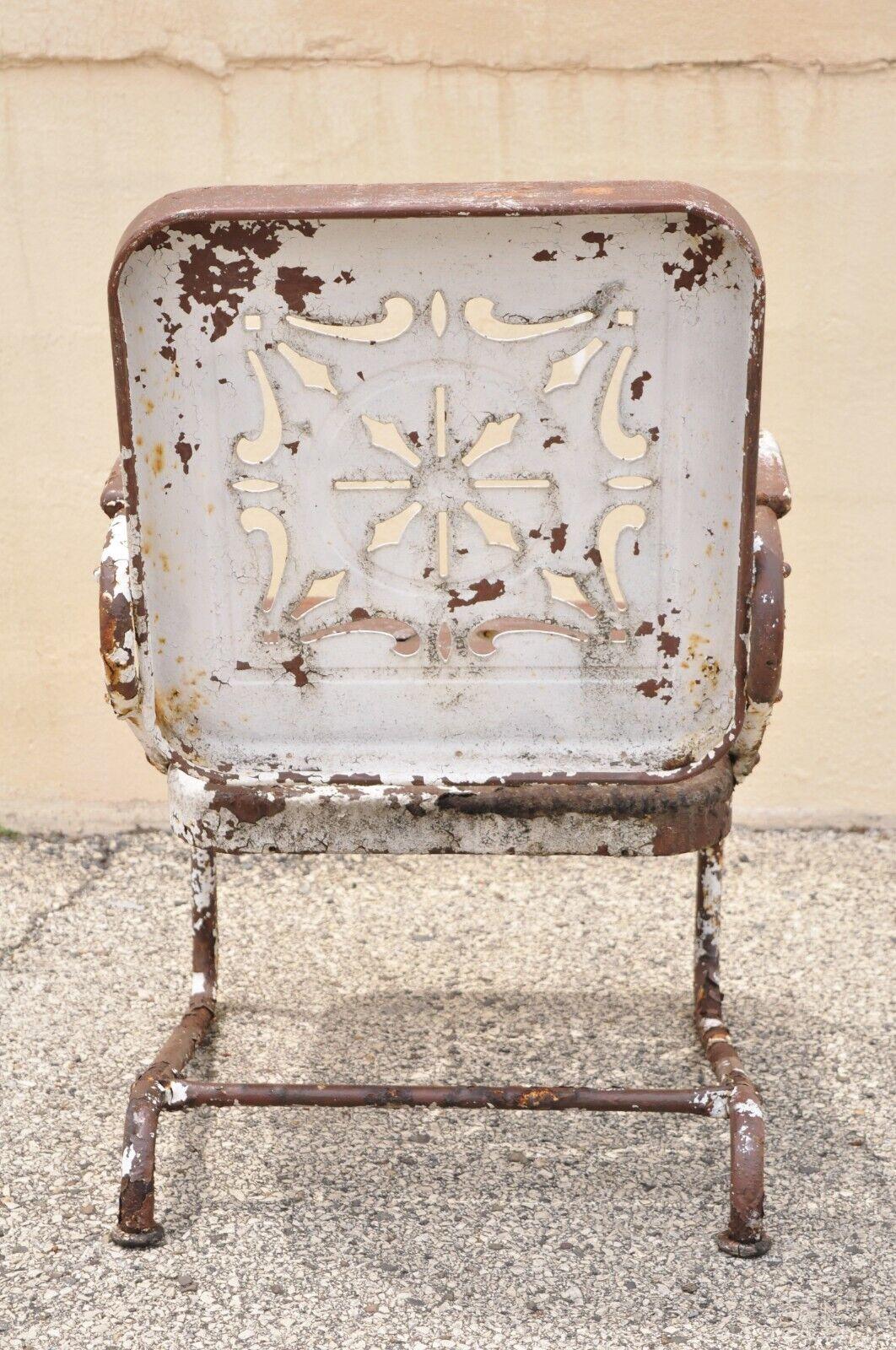 Antique Art Deco Basketweave Brown Distress Paint Bouncer Garden Lounge Chair For Sale 5