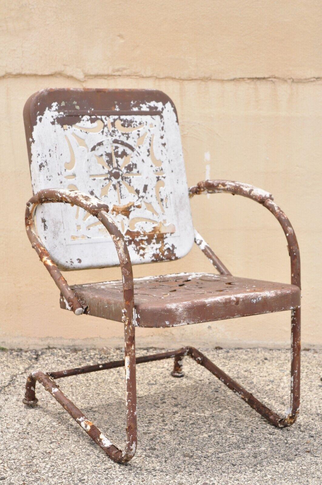 Antique Art Deco Basketweave Brown Distress Paint Bouncer Garden Lounge Chair For Sale 6