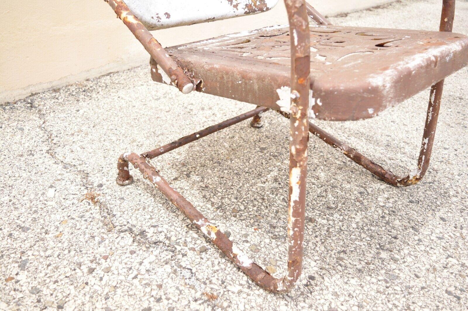 Antique Art Deco Basketweave Brown Distress Paint Bouncer Garden Lounge Chair For Sale 3