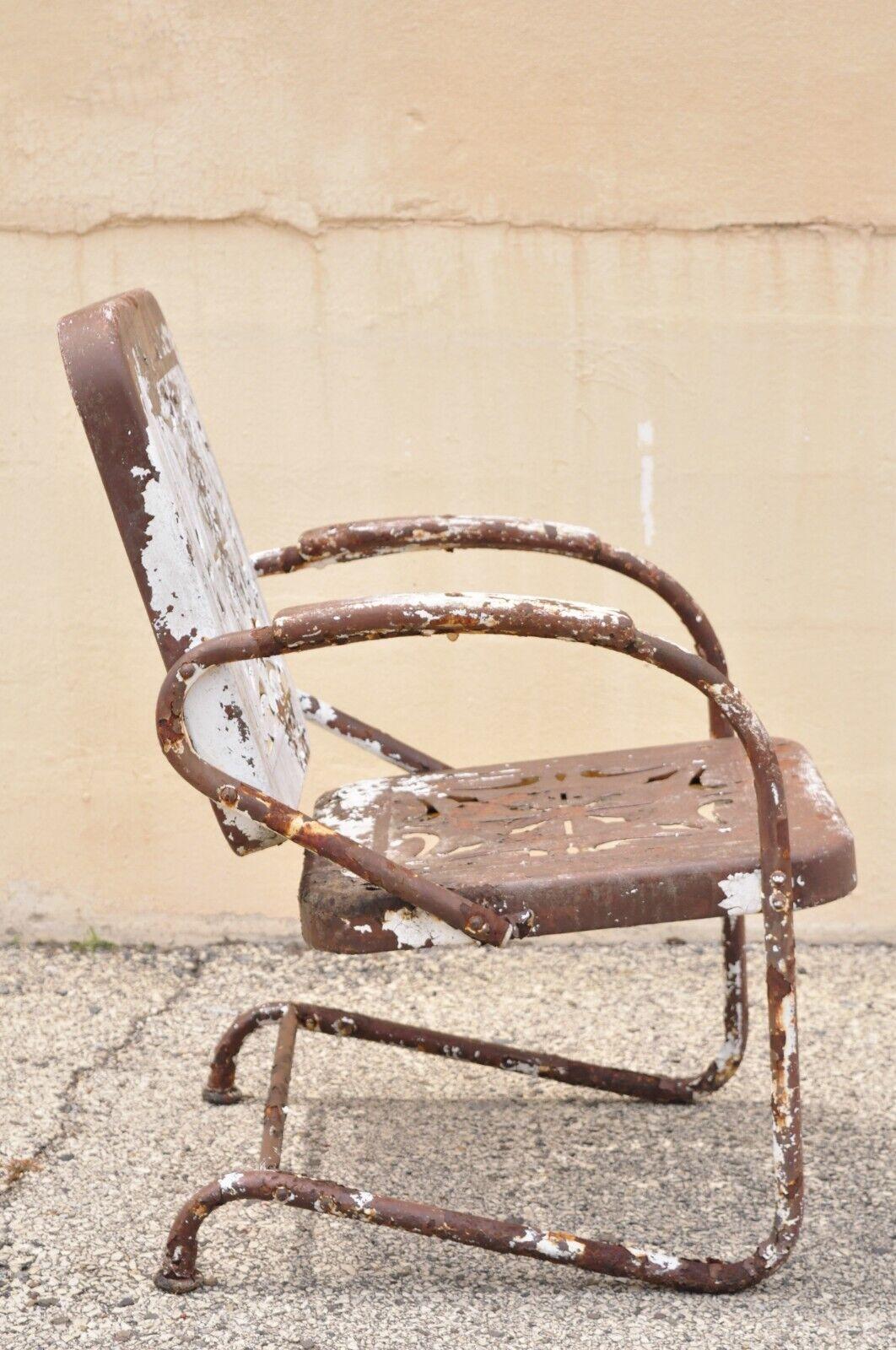 Antique Art Deco Basketweave Brown Distress Paint Bouncer Garden Lounge Chair For Sale 4