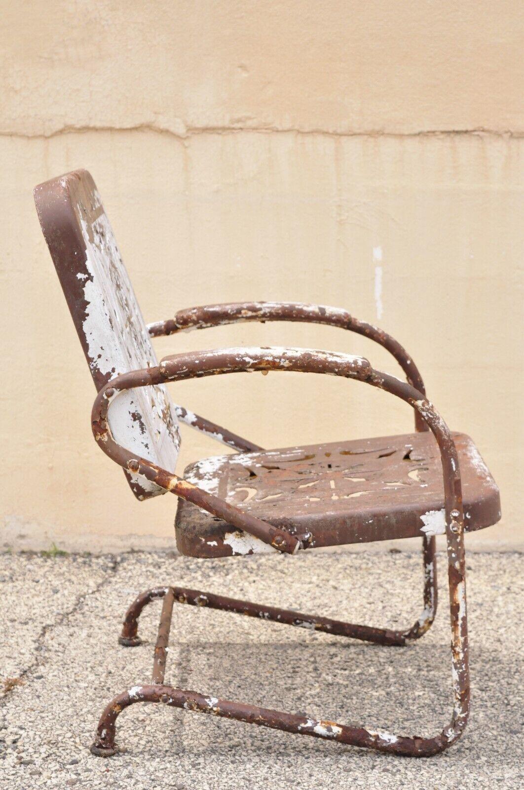 Antique Art Deco Basketweave Brown Distress Paint Bouncer Garden Lounge Chair For Sale 2