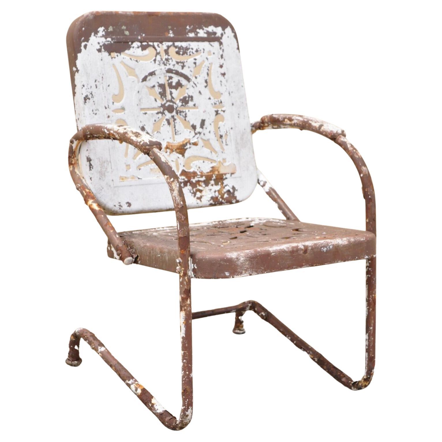 Antique Art Deco Basketweave Brown Distress Paint Bouncer Garden Lounge Chair For Sale