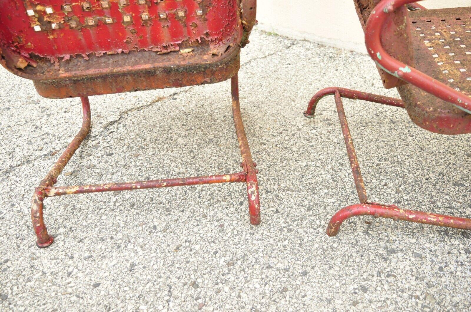 Antique Art Deco Basketweave Red Distress Paint Bouncer Garden Chairs, a Pair For Sale 2