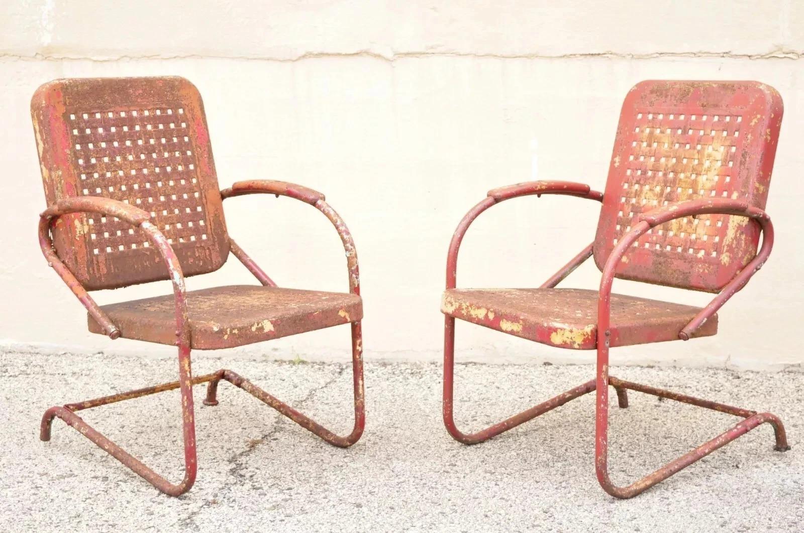 Antique Art Deco Basketweave Red Distress Paint Bouncer Garden Chairs - a Pair For Sale 6