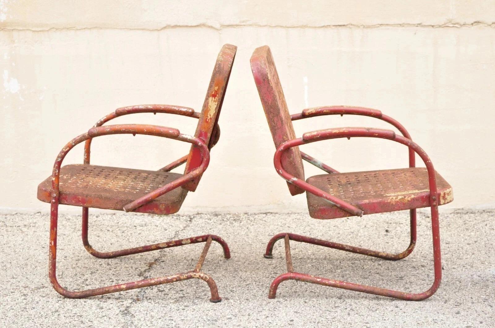 Please message us with your zip code to request a more reasonable domestic U.S. shipping quote.

Antique Art Deco Basketweave Red Distress Paint Bouncer Garden Chairs - a Pair. Item features a steel metal bouncer frame, red distress painted finish,