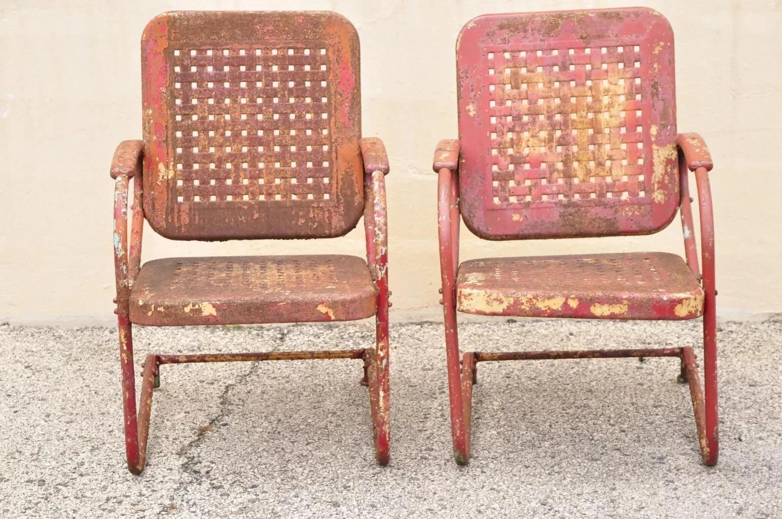 Unknown Antique Art Deco Basketweave Red Distress Paint Bouncer Garden Chairs - a Pair For Sale