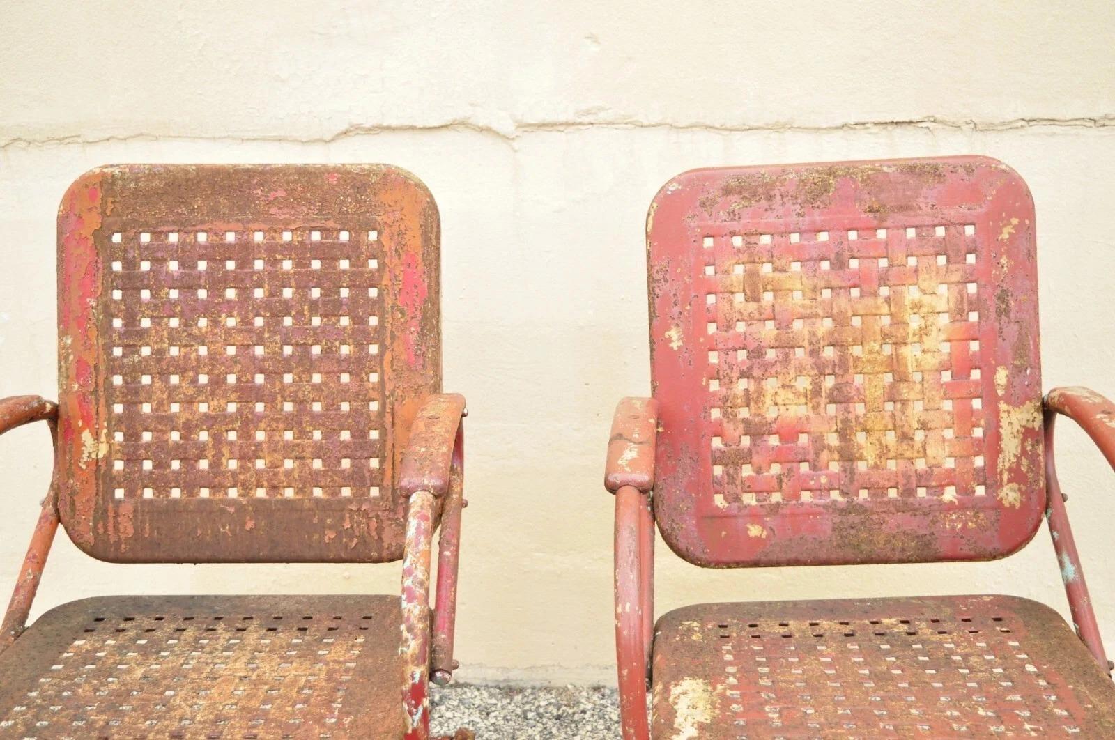Antique Art Deco Basketweave Red Distress Paint Bouncer Garden Chairs - a Pair In Good Condition For Sale In Philadelphia, PA