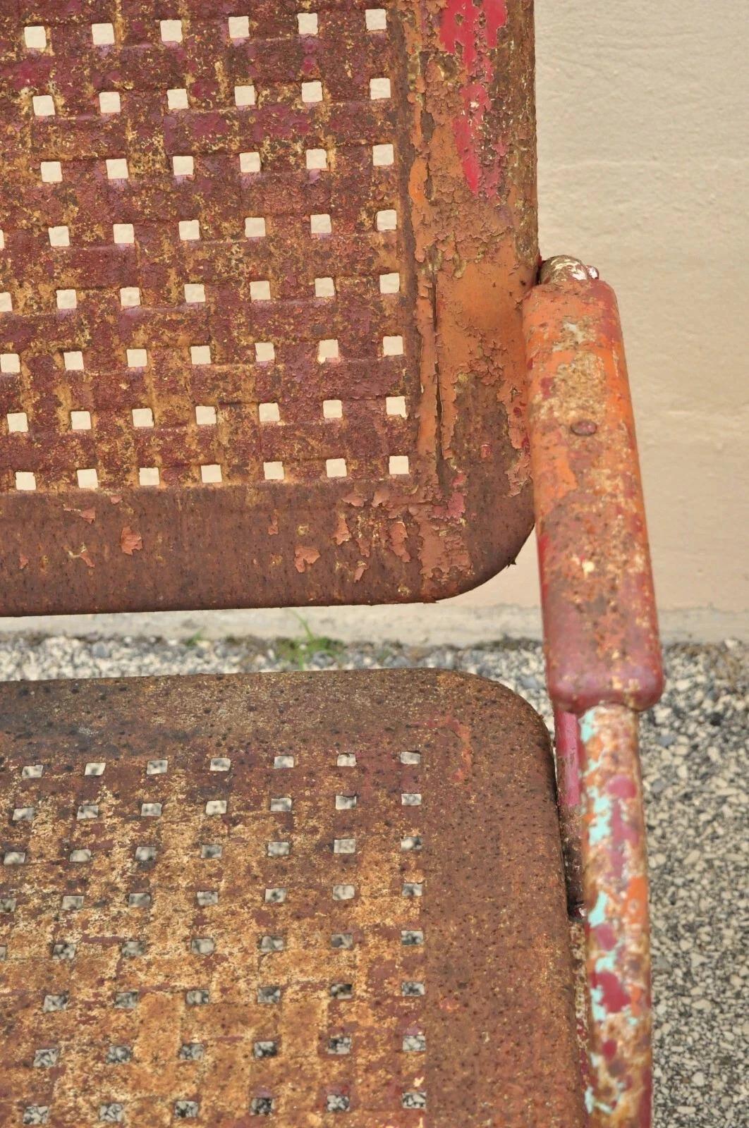 20th Century Antique Art Deco Basketweave Red Distress Paint Bouncer Garden Chairs - a Pair For Sale