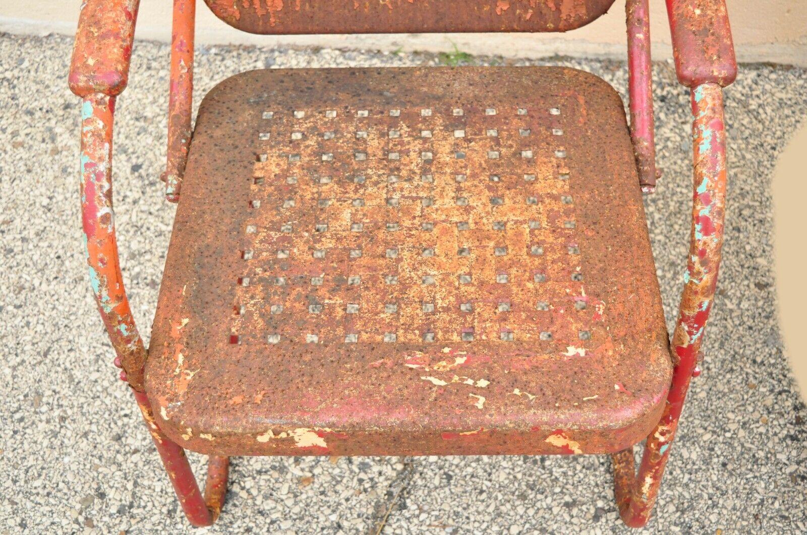 Antique Art Deco Basketweave Red Distress Paint Bouncer Garden Chairs, a Pair In Distressed Condition For Sale In Philadelphia, PA